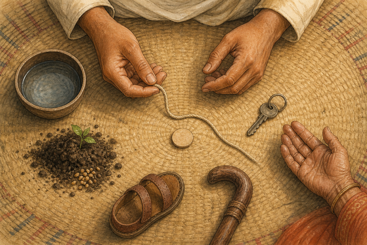 Adult hands pause over an untied cord surrounded by a house key, water bowl, seeds, a child's sandal, and an elder's walking stick.