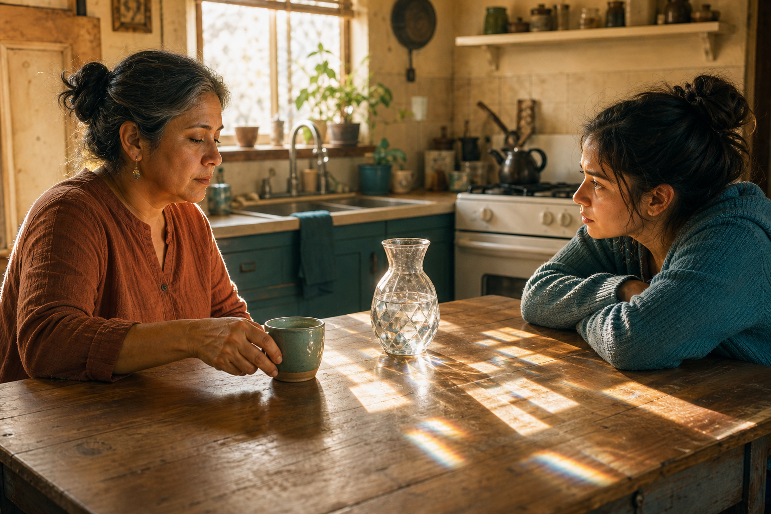 Two people pause during a kitchen conversation as sunlight through a glass vessel casts shifting reflections across the table.