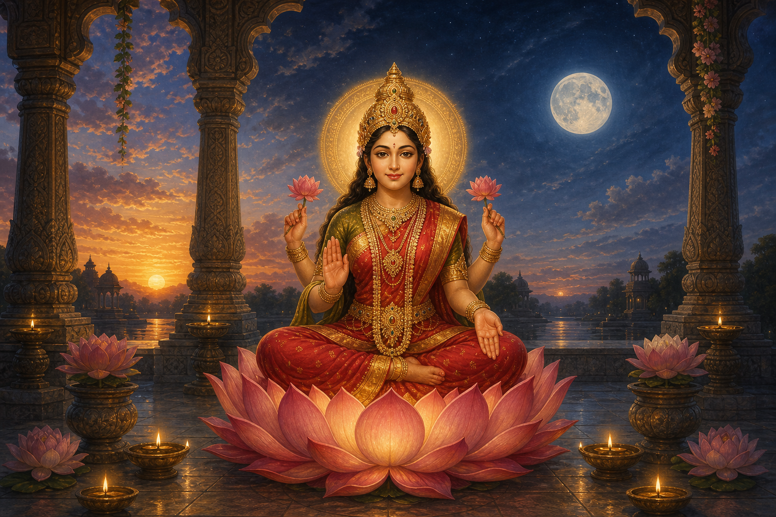 A serene divine feminine figure seated on a luminous lotus in a temple pavilion, with oil lamps and a waxing moon near fullness in the twilight sky.