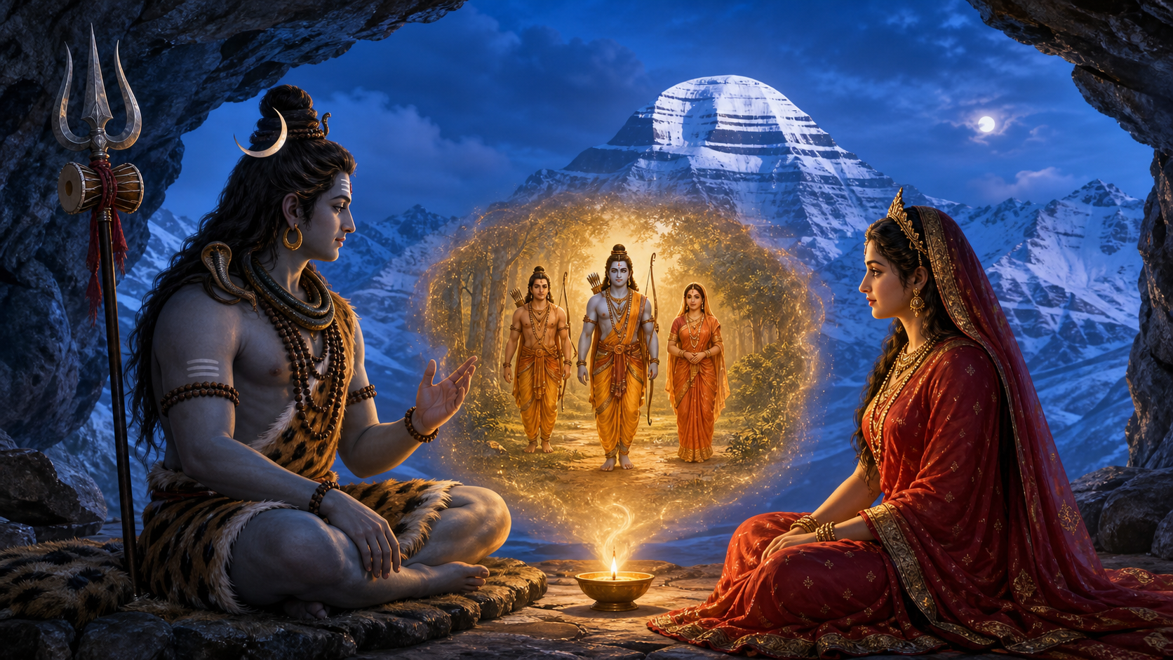 Shiva sits across from Parvati in a Himalayan cave as a luminous vision of Rama, Sita, and Lakshmana appears between them.