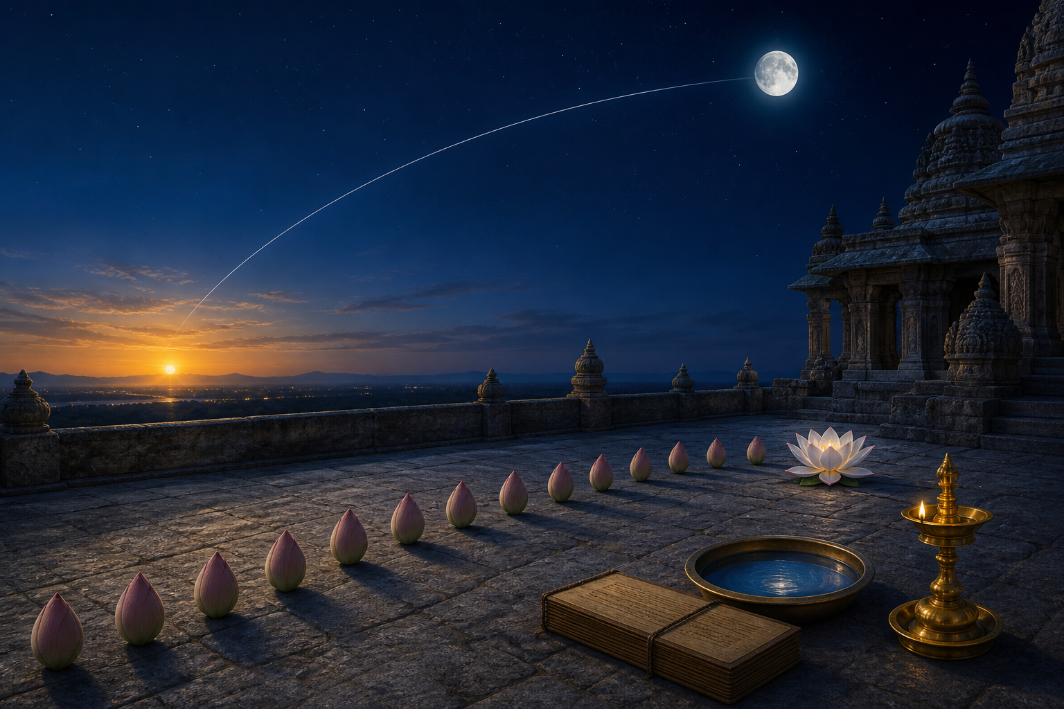 A moonlit temple terrace with a golden horizon glow, a silver moon, a sequence of lotus buds, a closed manuscript, a brass lamp, and a water vessel.