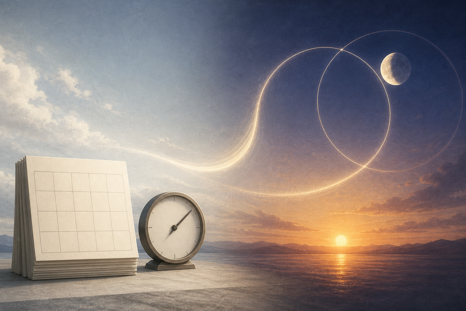 Blank calendar leaves and a clock appear beside a twilight view of the sun and moon in different positions across the sky.