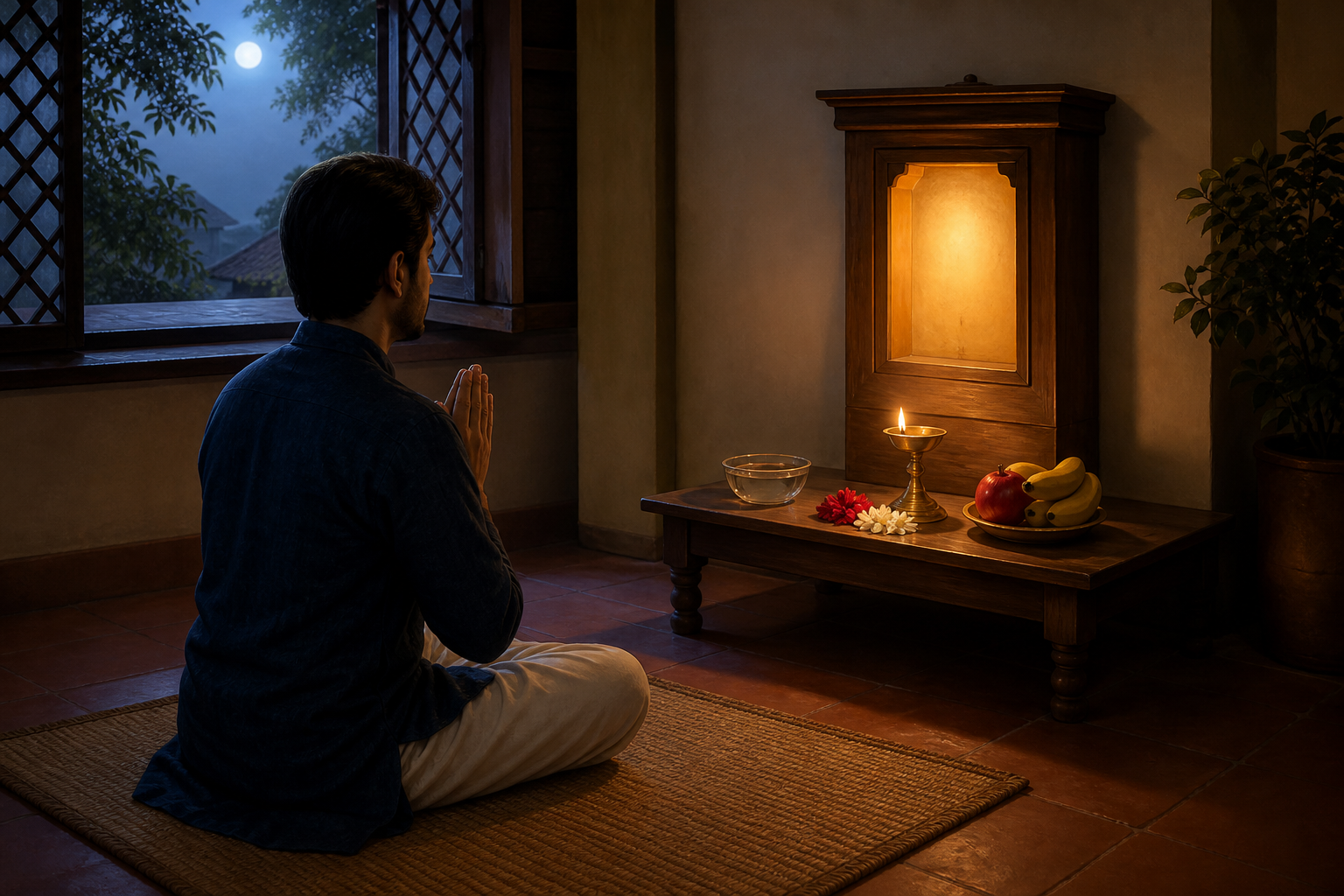 A devotee sits with joined hands before a simple home altar holding an oil lamp, water, flowers, and fruit as moonlight enters the room.