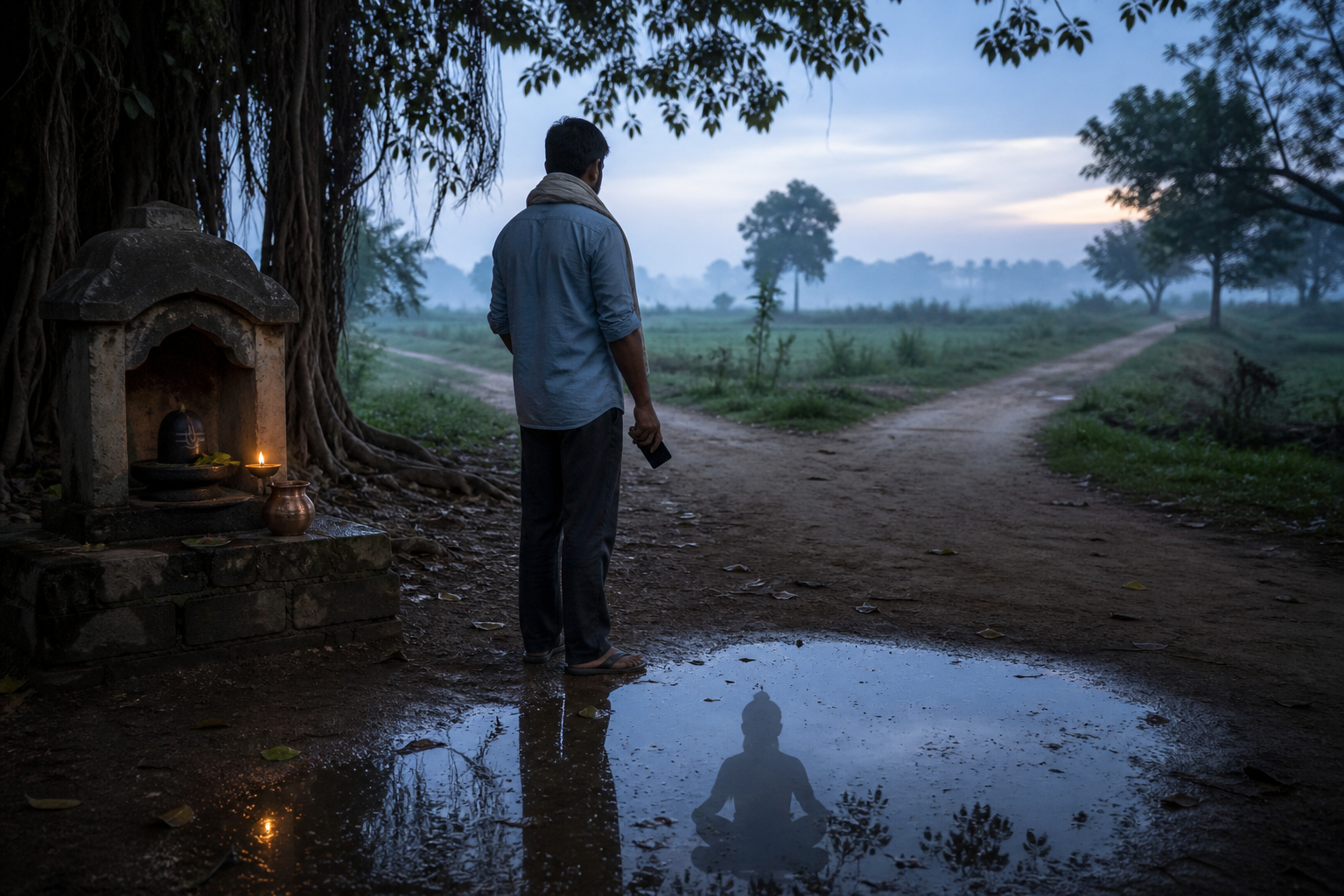 A person pauses at a forked path beside a small Shiva shrine and a glowing oil lamp before dawn.