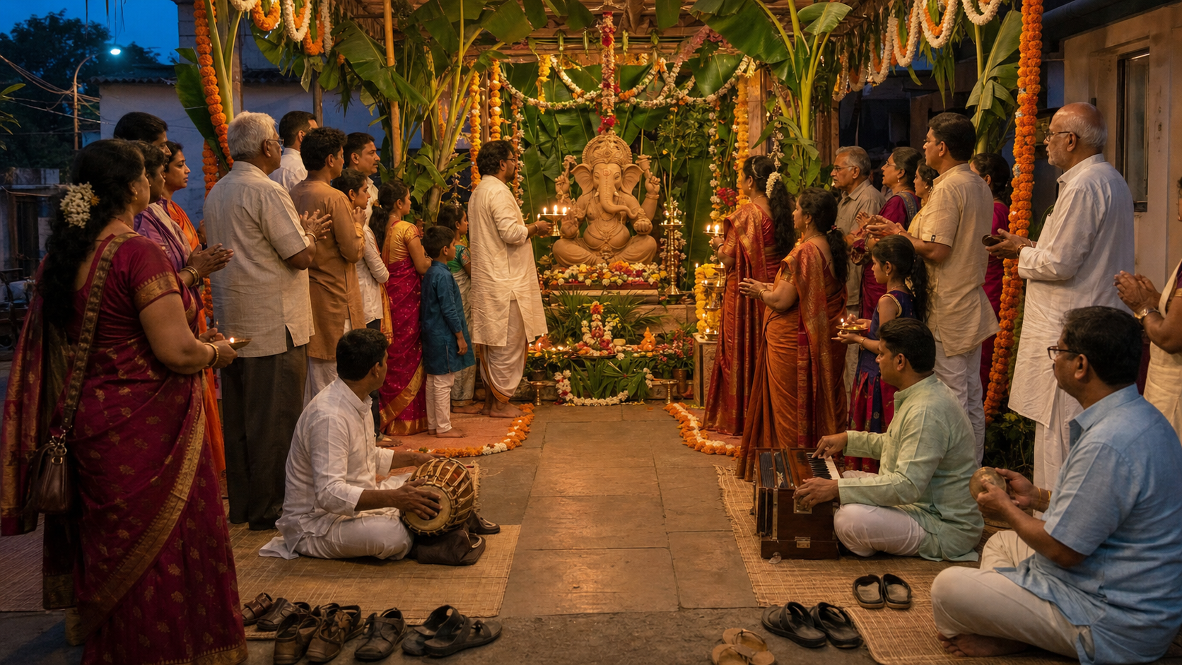 Families and volunteers perform evening aarti before a flower-decorated clay Ganesha murti while traditional musicians accompany the worship.