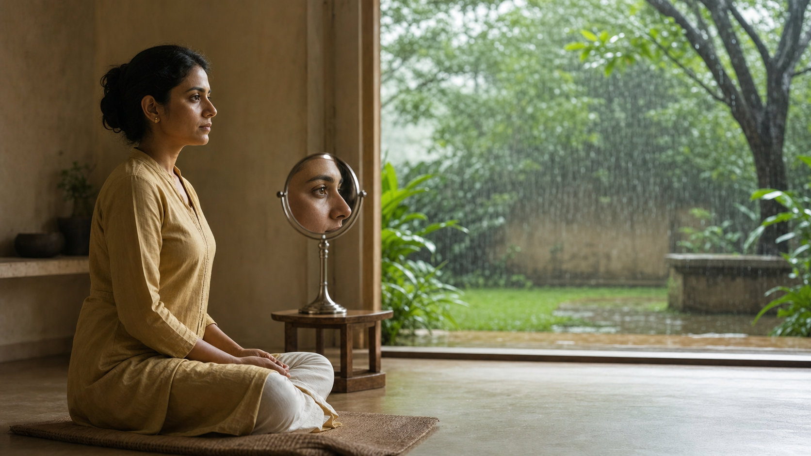 A practitioner observes rain in a courtyard with a small metal mirror positioned between the viewer and the outdoor scene.