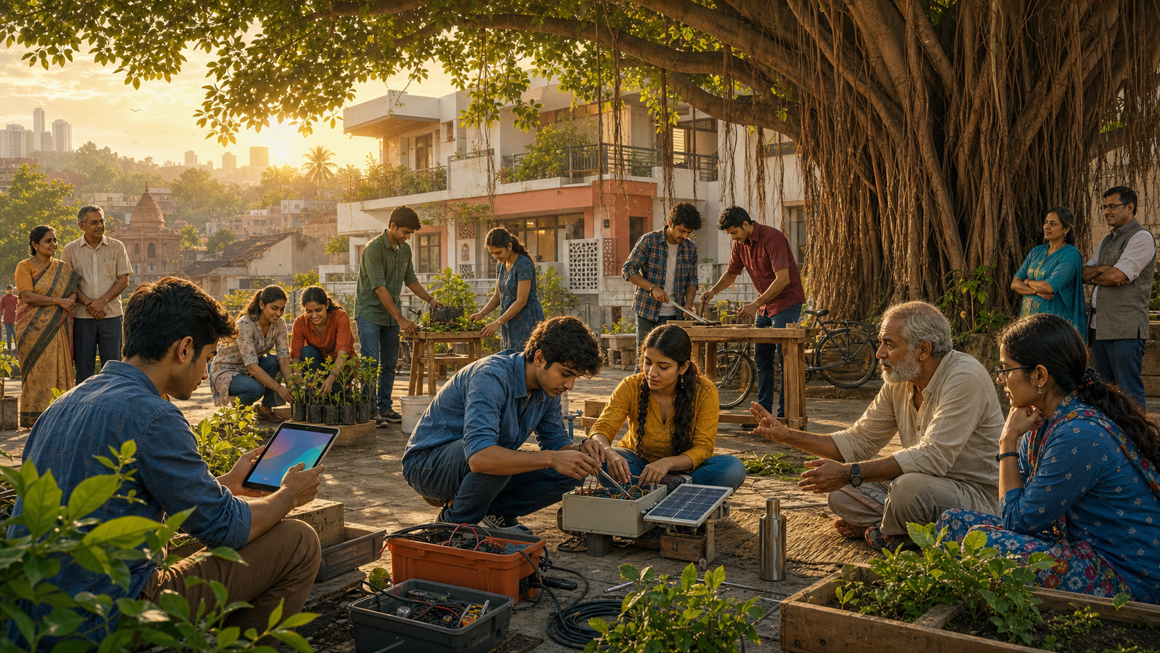 Indian young adults use digital tools and practical equipment on a community project while older mentors observe beneath a banyan tree.