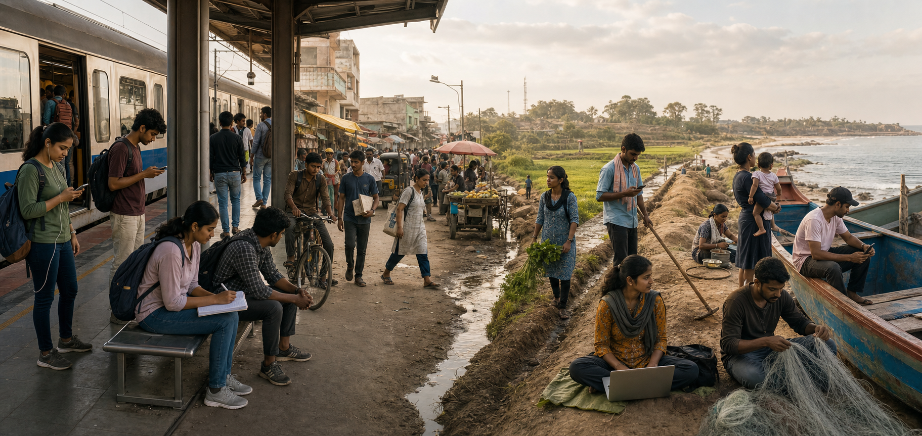 Young Indians study, work, travel, farm, provide care, and use technology across urban, small-town, rural, and coastal settings.
