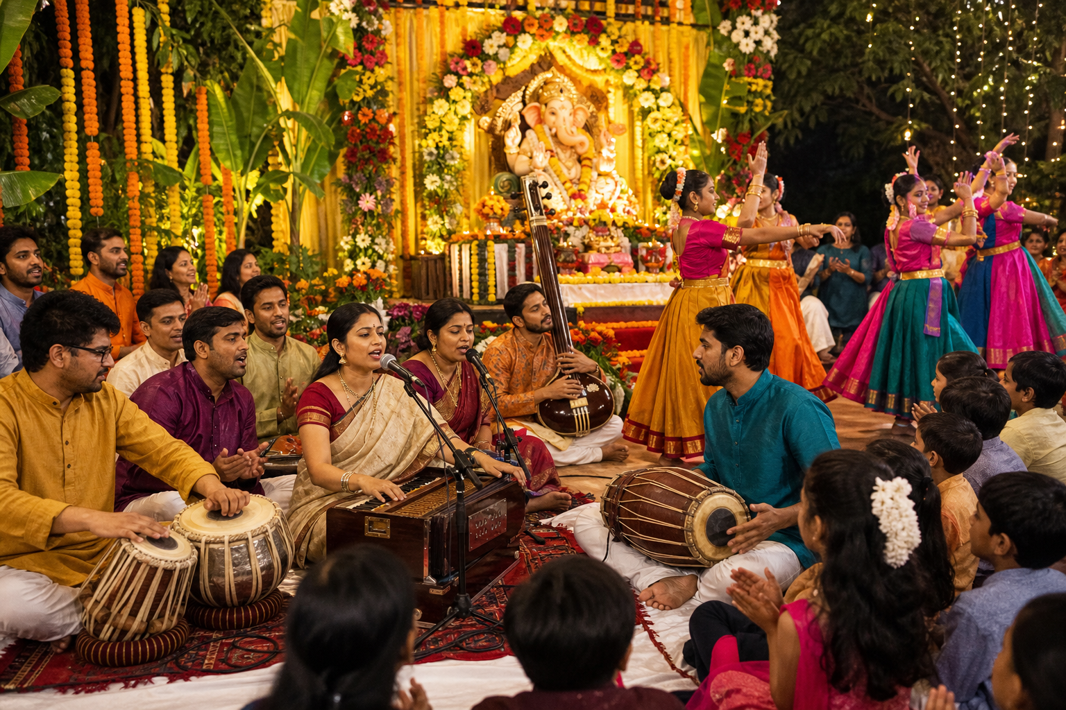 Singers and musicians play harmonium, drums and hand cymbals as children and adults clap and dance during a Ganeshotsav gathering.