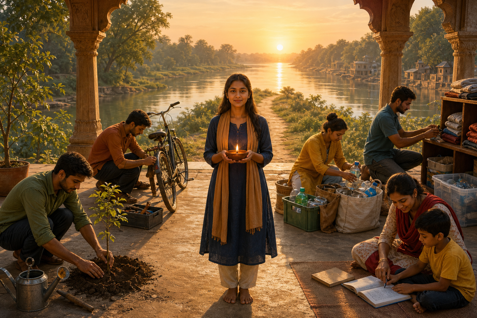 A young Indian woman holds a clay lamp as her peers care for plants, repair a bicycle, organise supplies, and help a child beside a river.