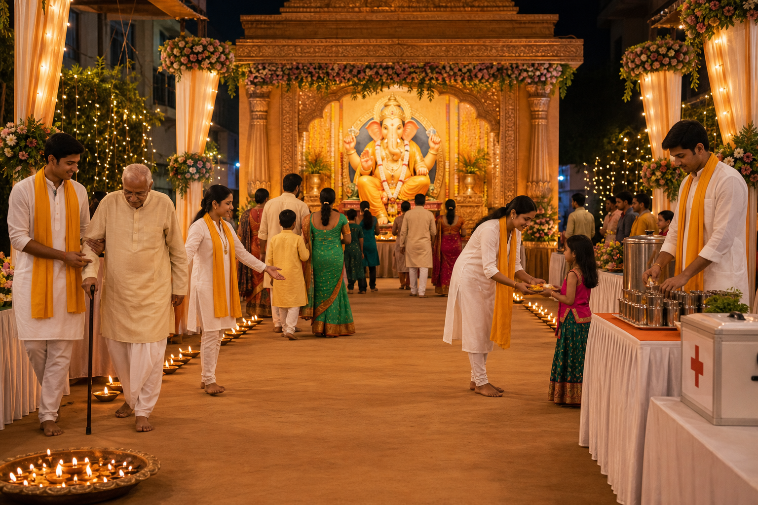 Volunteers guide families, assist an older visitor and maintain clear aisles around an orderly Ganeshotsav shrine.