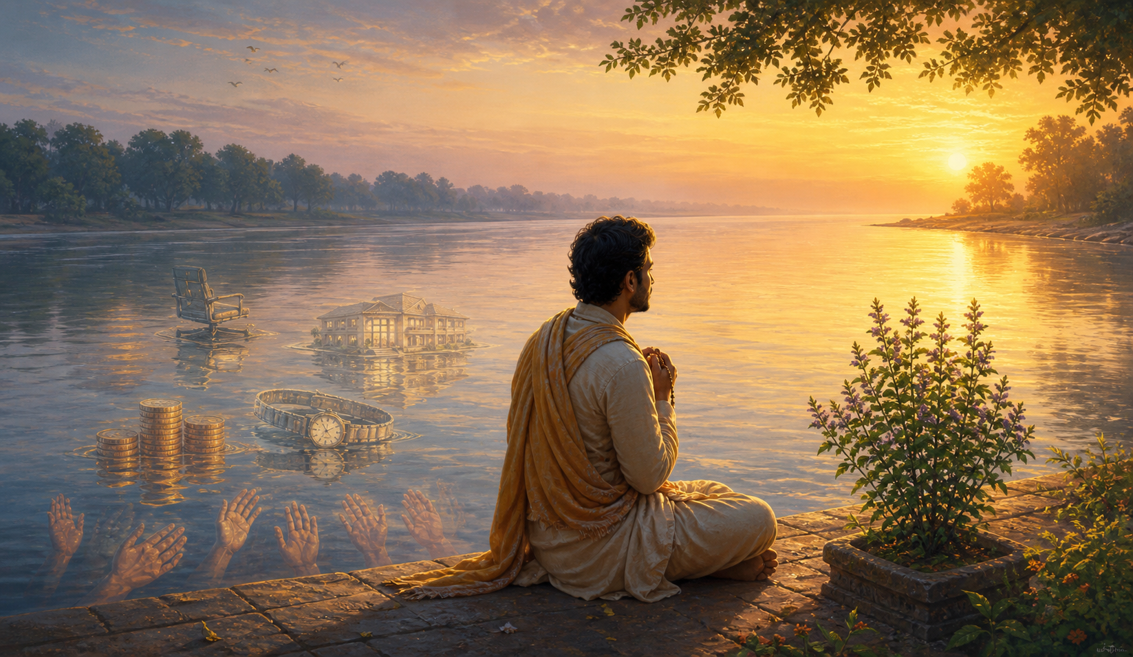 A seeker holding prayer beads sits beside a river where reflections of wealth, status, possessions, and praise dissolve into ripples near a flowering tulasi plant at sunrise.