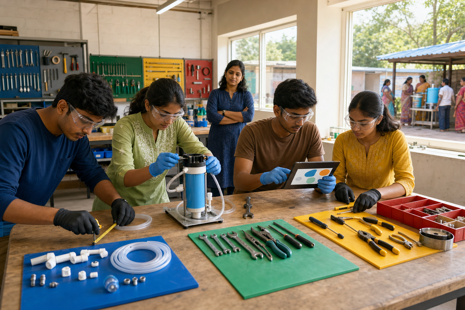 Young adults build and test a small water-filter prototype in a workshop while an engineer mentor observes from a short distance.