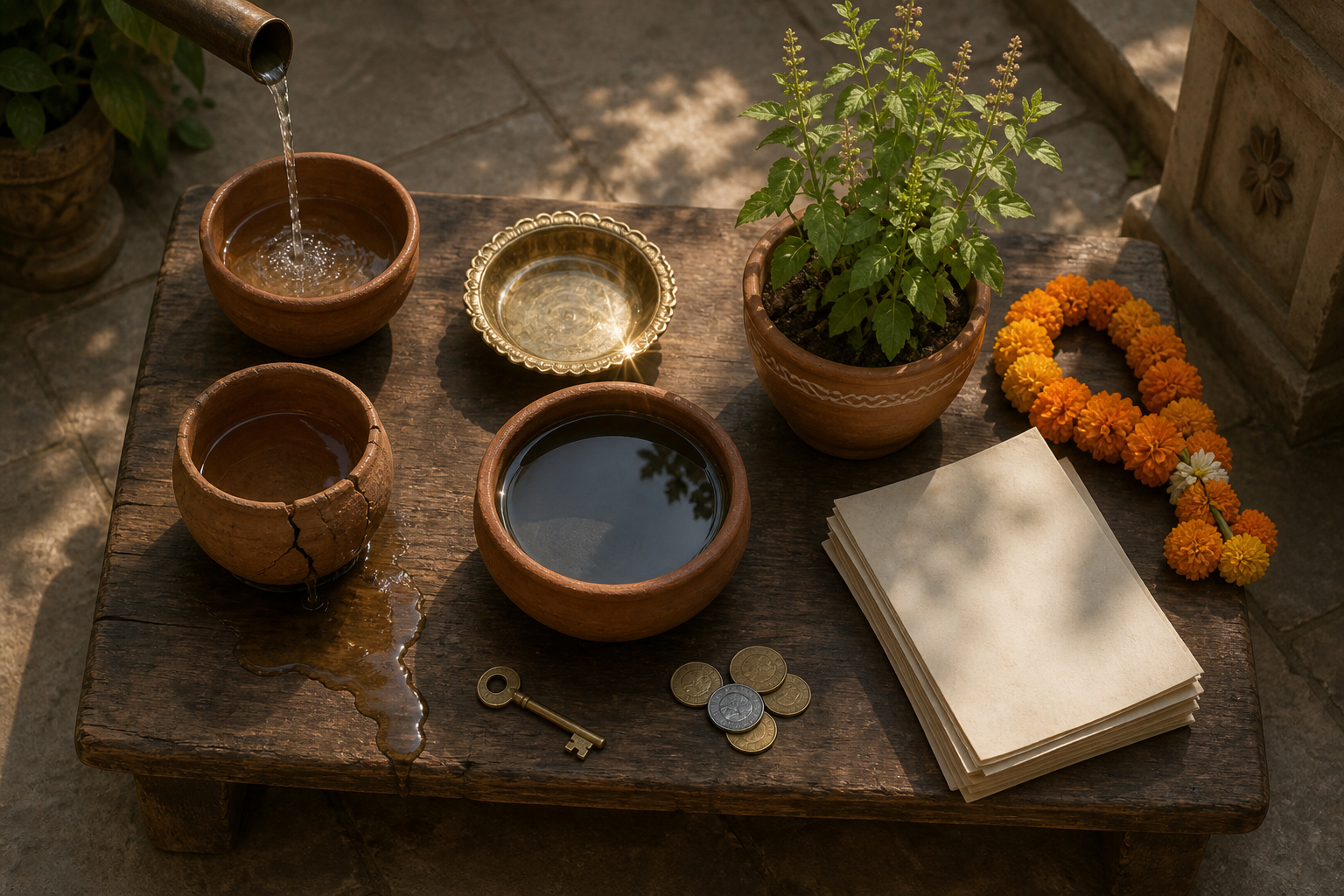 Clay vessels of different depths sit with a key, coins, blank papers, a flower garland, and a tulasi plant on a sunlit courtyard table.