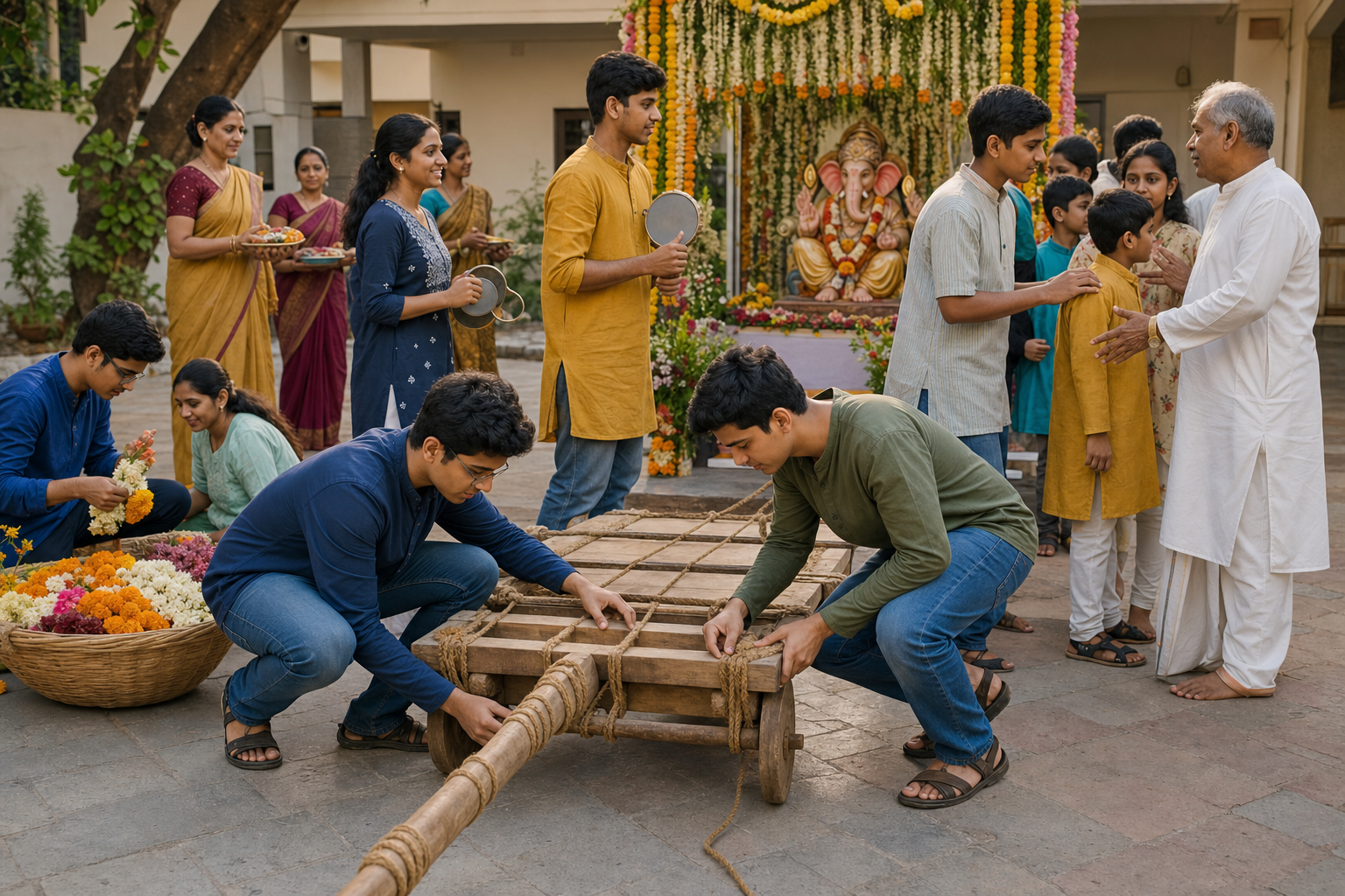 Young volunteers prepare a hand-pulled Ganesha procession platform, organize instruments and help children under an elder's guidance.