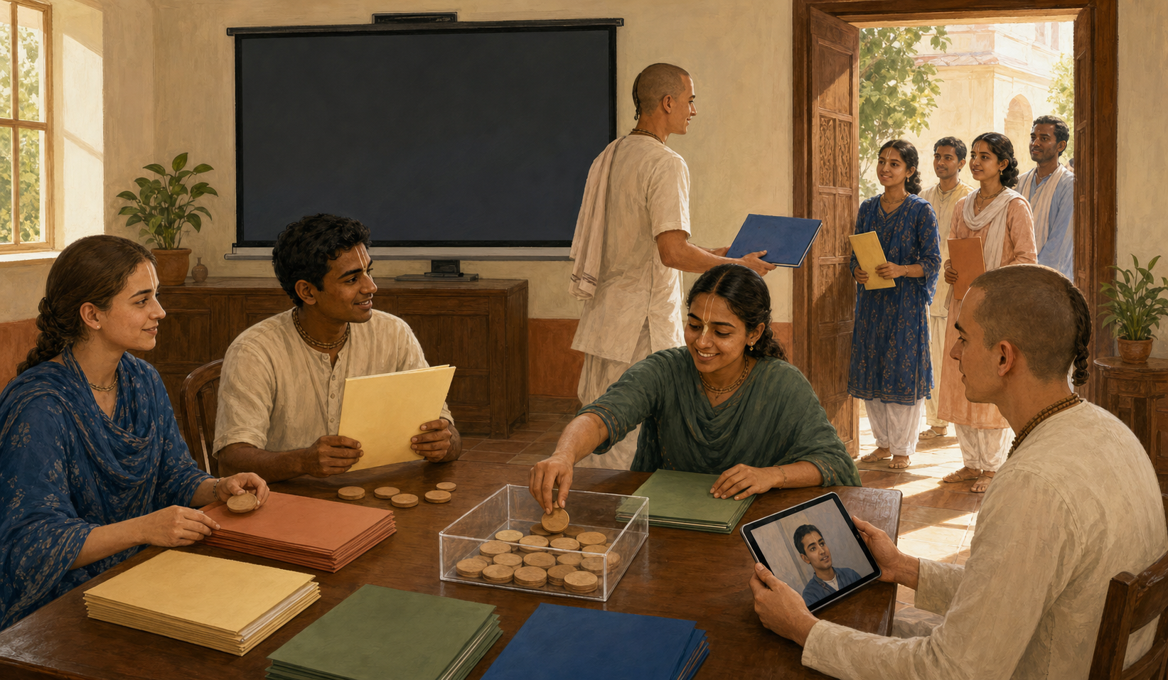 A temple office team assigns blank folders and wooden tokens after a webcast while a remote participant observes on a tablet.