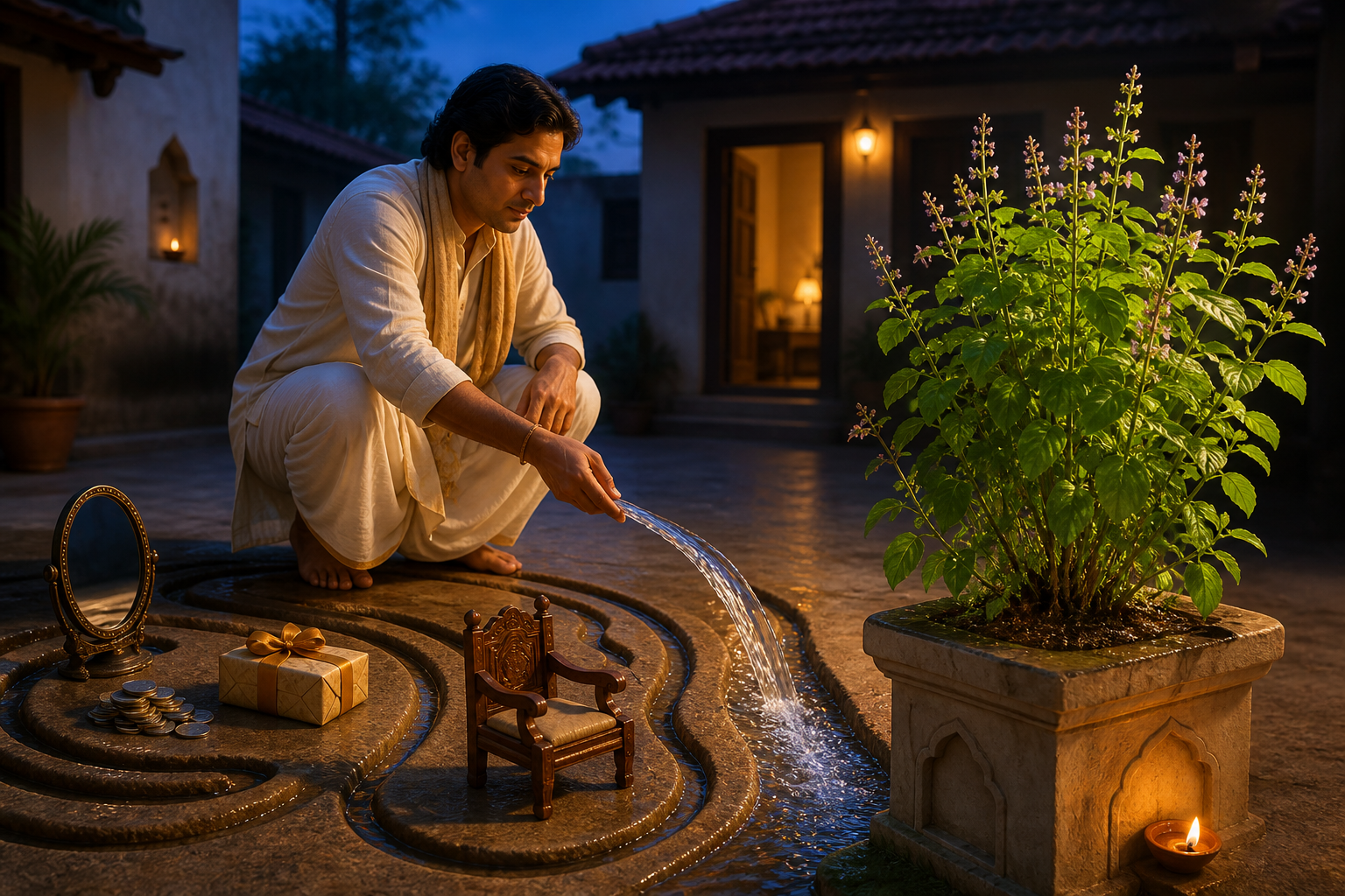 A person redirects a stream of water from dry channels near coins and a mirror toward the roots of a flourishing tulasi plant in a twilight courtyard.