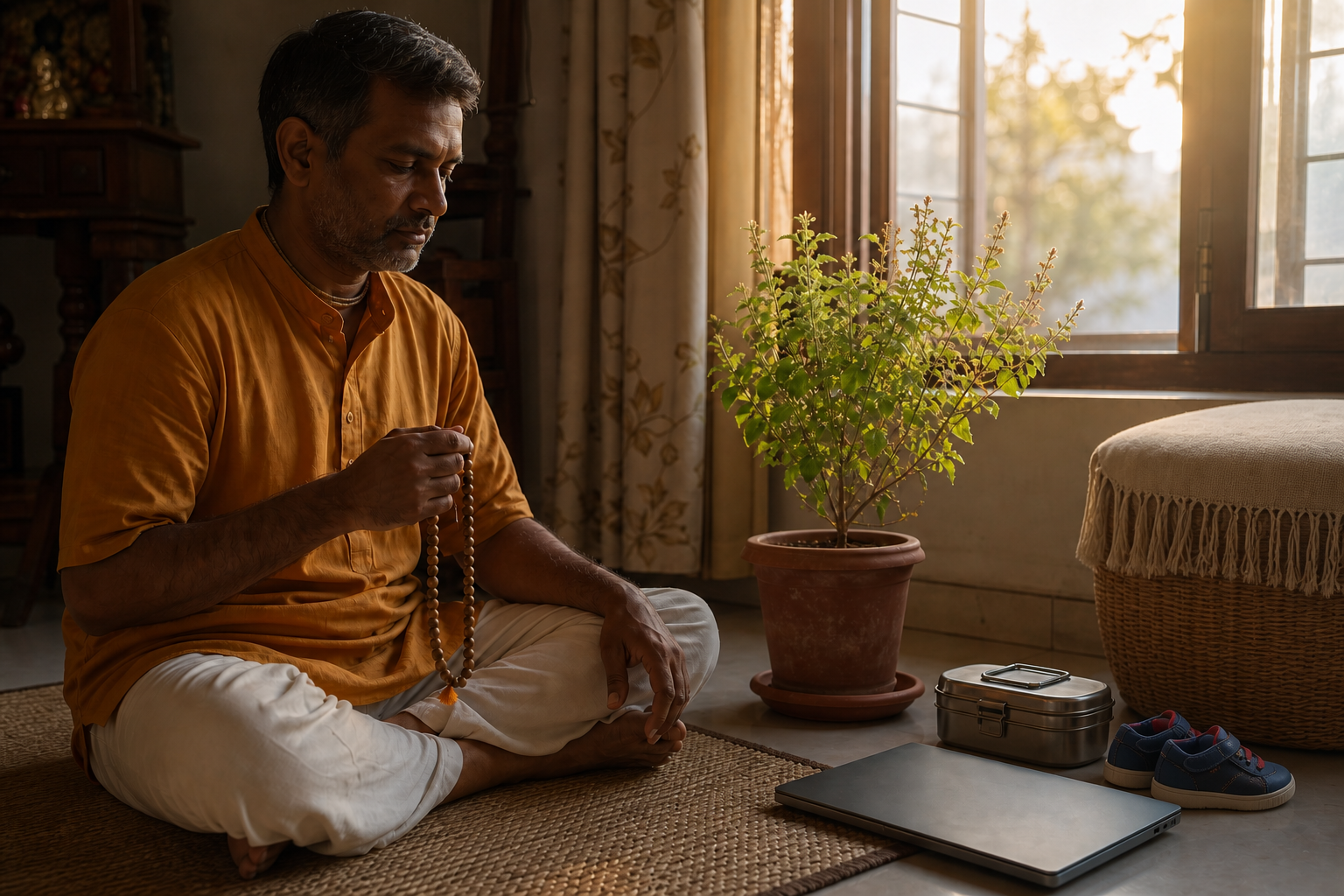 A householder chants with tulasi prayer beads on a woven mat at dawn while everyday items and a sunlit tulasi plant remain nearby.