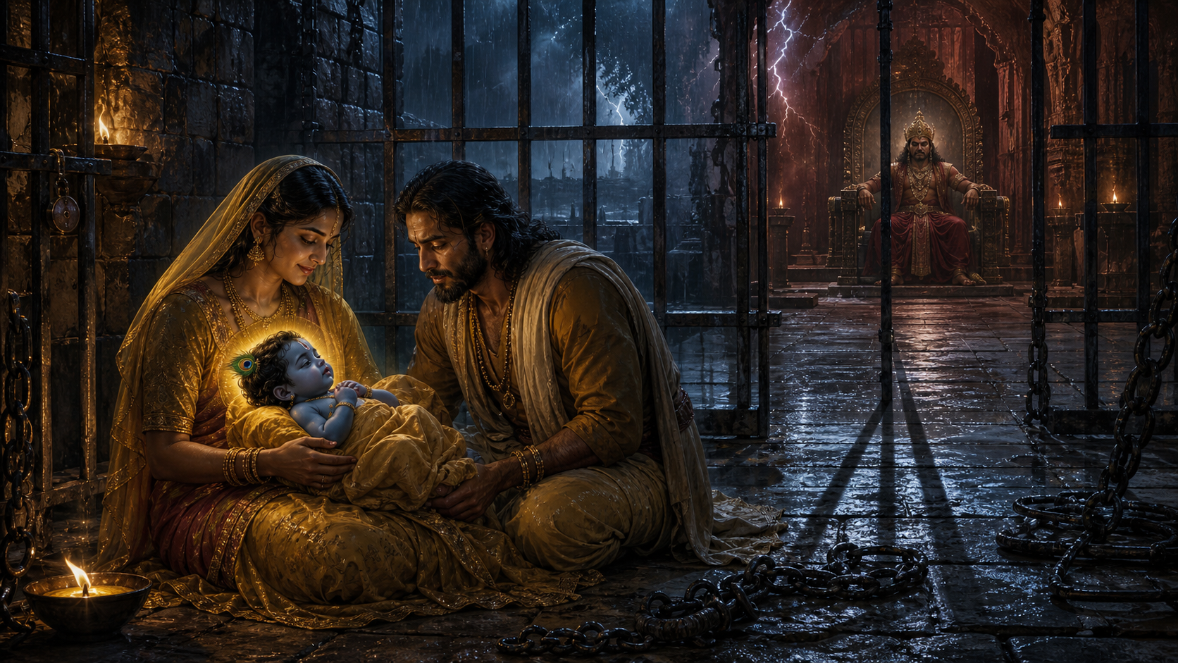 Mythic illustration of Devaki and Vasudeva with the newborn Krishna in a prison while a fearful Kamsa sits alone in a shadowed palace chamber.
