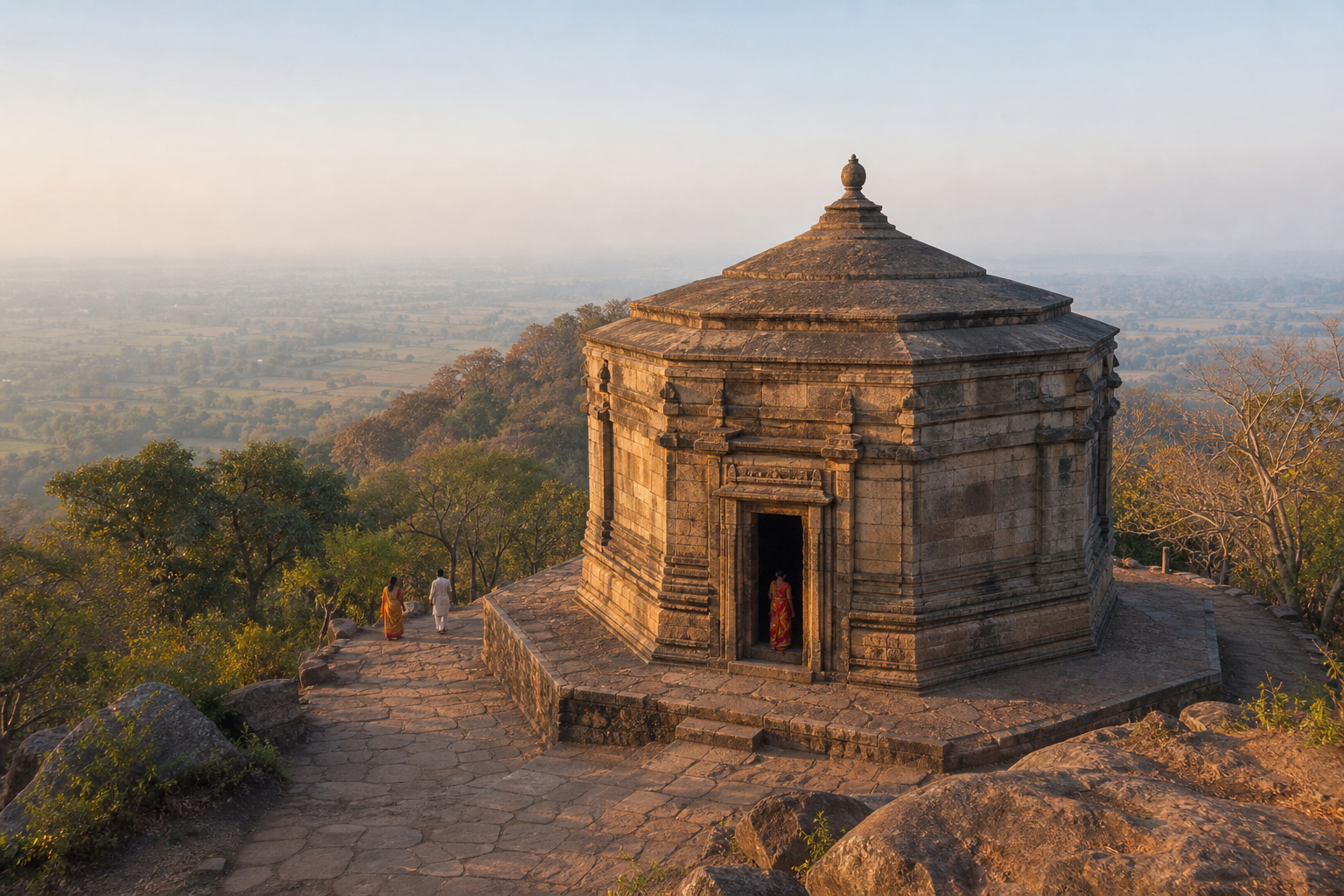 The octagonal stone Mundeshwari Temple on a forested hilltop, with a few devotees approaching in early morning light.