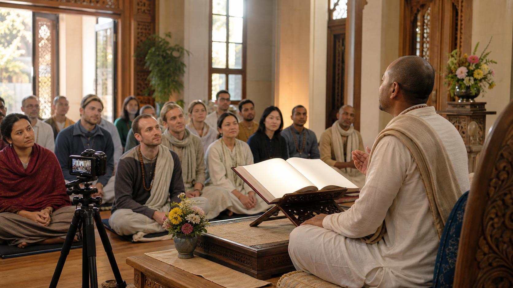 Devotees attend a scripture class in a temple hall while a camera records the anonymous teacher beside an open sacred book.