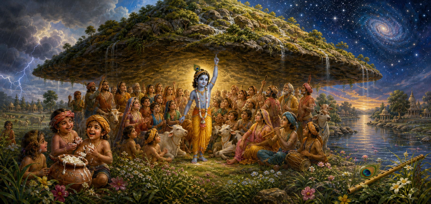 Young Krishna holds Govardhan Hill above villagers and cattle in Vrindavan, surrounded by a butter pot, flute, river, and starry sky.