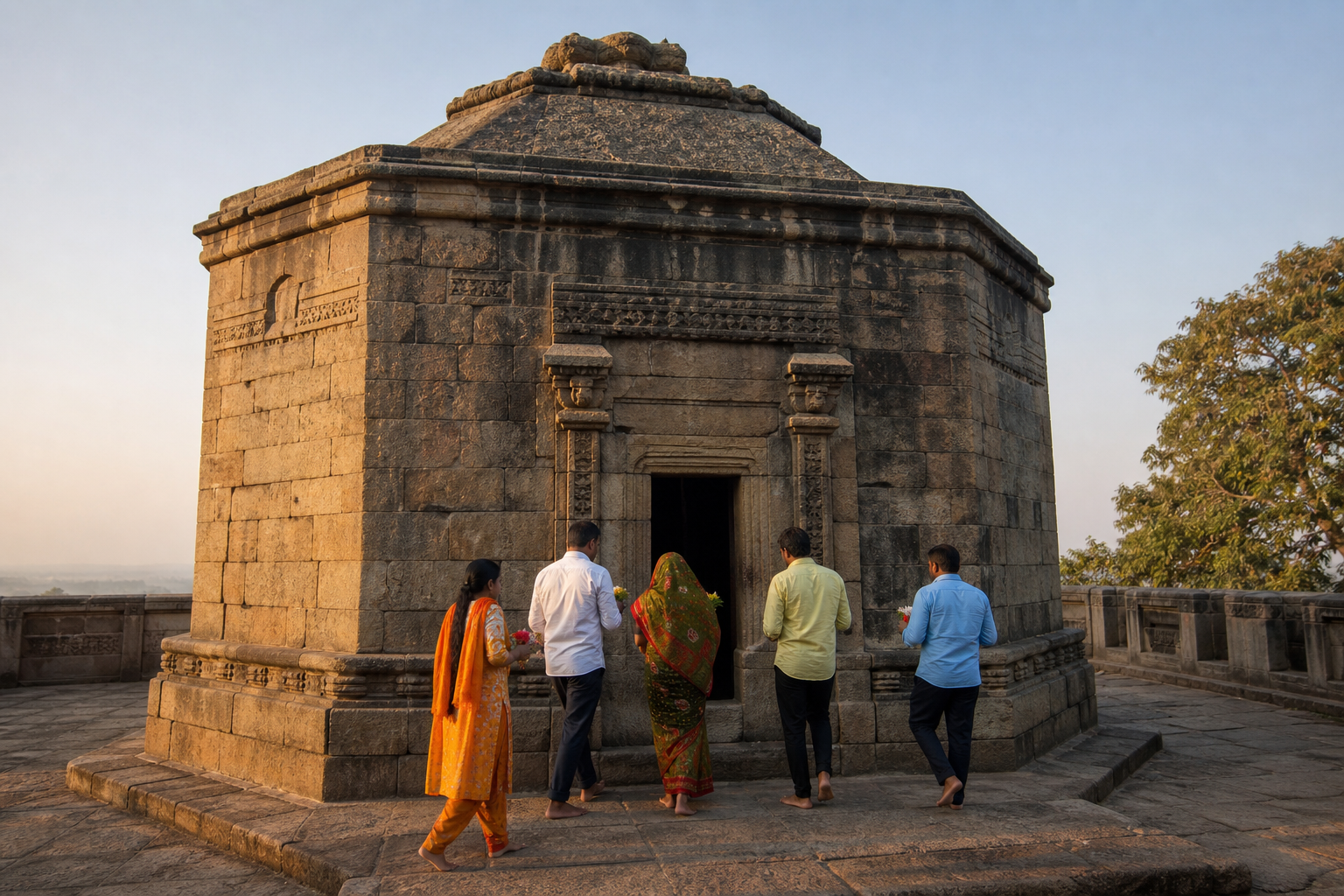 A three-quarter view of Mundeshwari Temple's octagonal stone exterior as devotees carrying flowers approach the entrance.