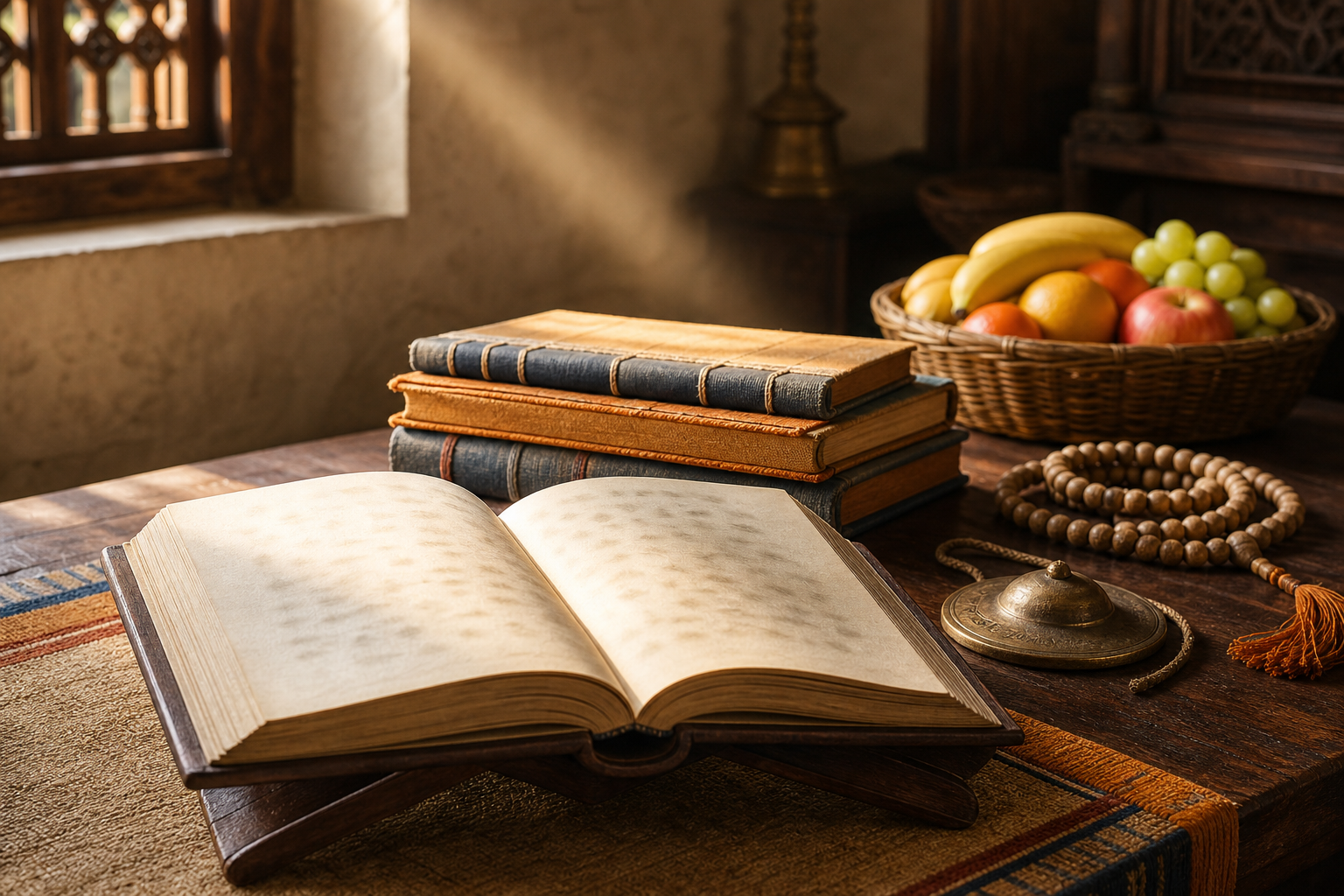 An open sacred book, cloth-bound commentaries, prayer beads, hand cymbals, and a fruit basket are arranged in three connected layers.