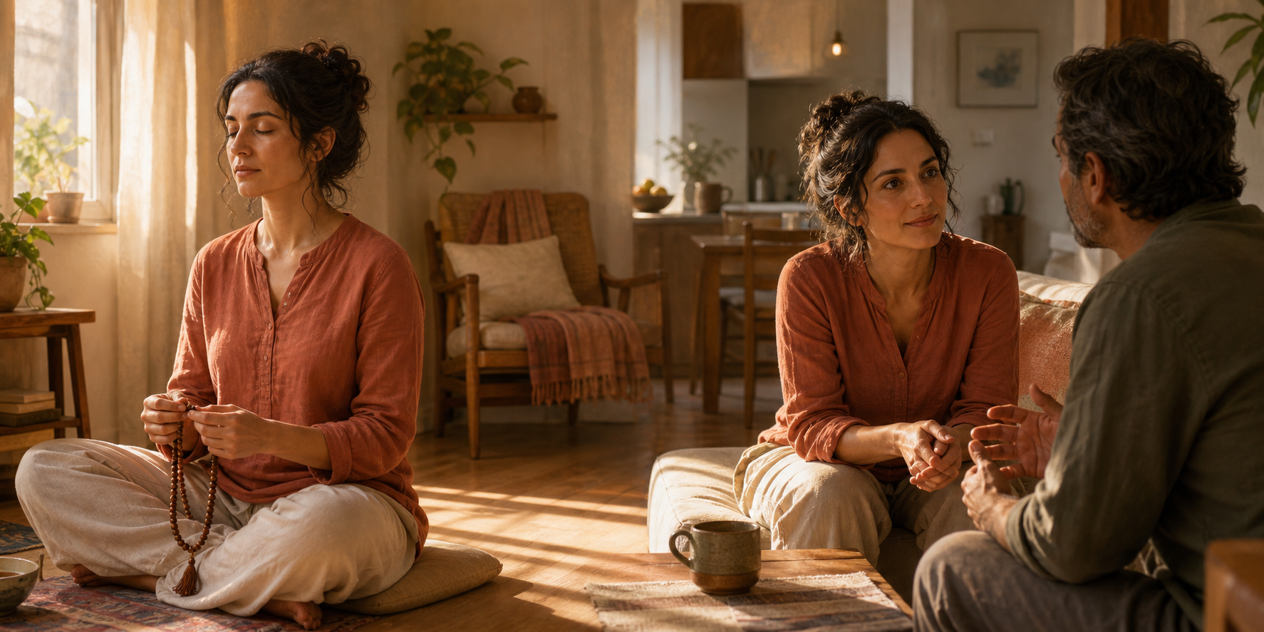 One scene shows a person chanting with wooden beads, while a later scene shows the same person listening patiently at home.