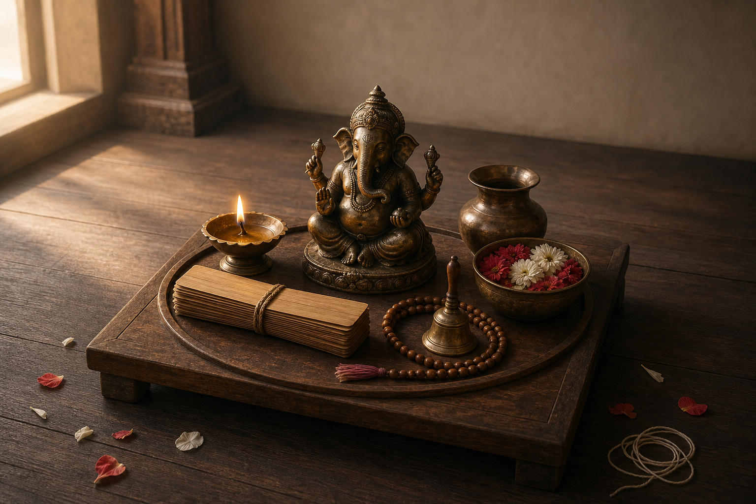 A bronze Gananayaka image is surrounded by neatly arranged manuscripts, a lamp, flowers, beads, a bell, and a water vessel.