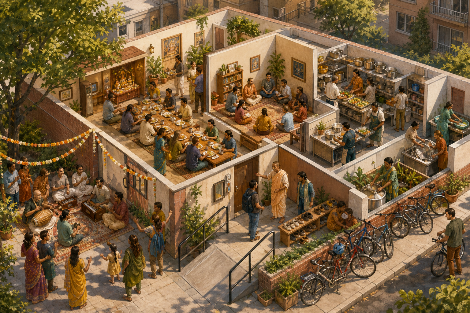 A cutaway illustration shows a courtyard festival connected to a shared meal, a discussion circle, and volunteer service inside a neighborhood community center.
