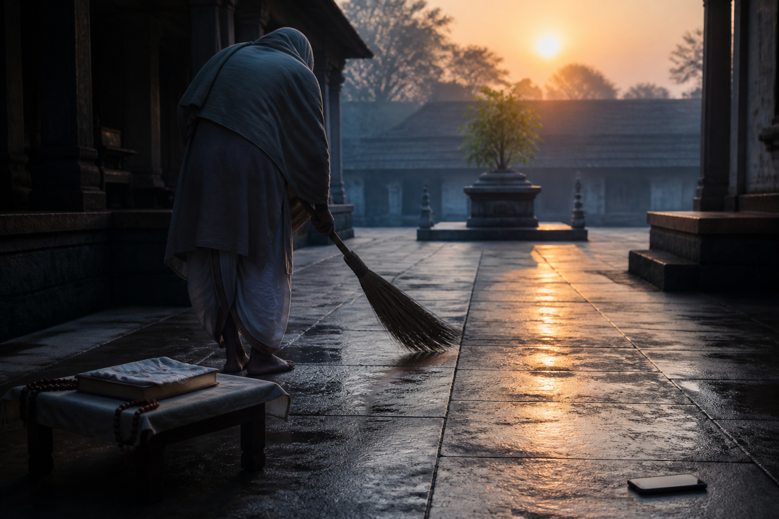 A devotee sweeps a quiet temple courtyard before sunrise beside prayer beads and a face-down phone.