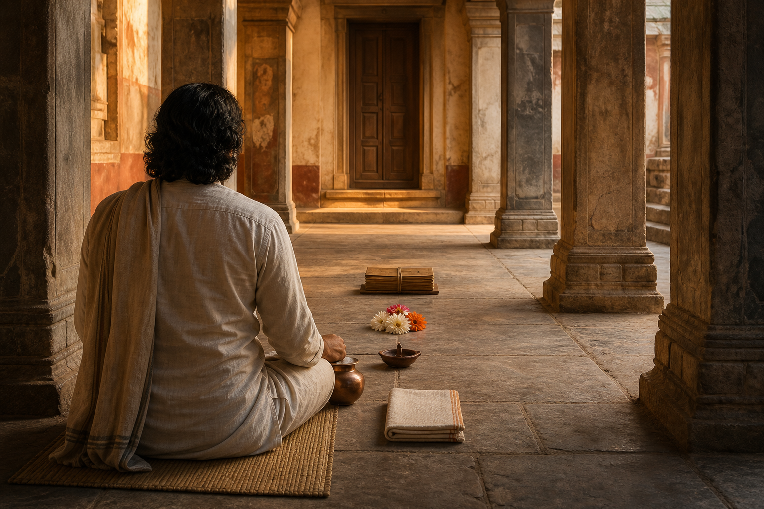 A seated practitioner faces an orderly series of a water vessel, folded cloth, lamp, flowers, and a closed manuscript in a pillared room.