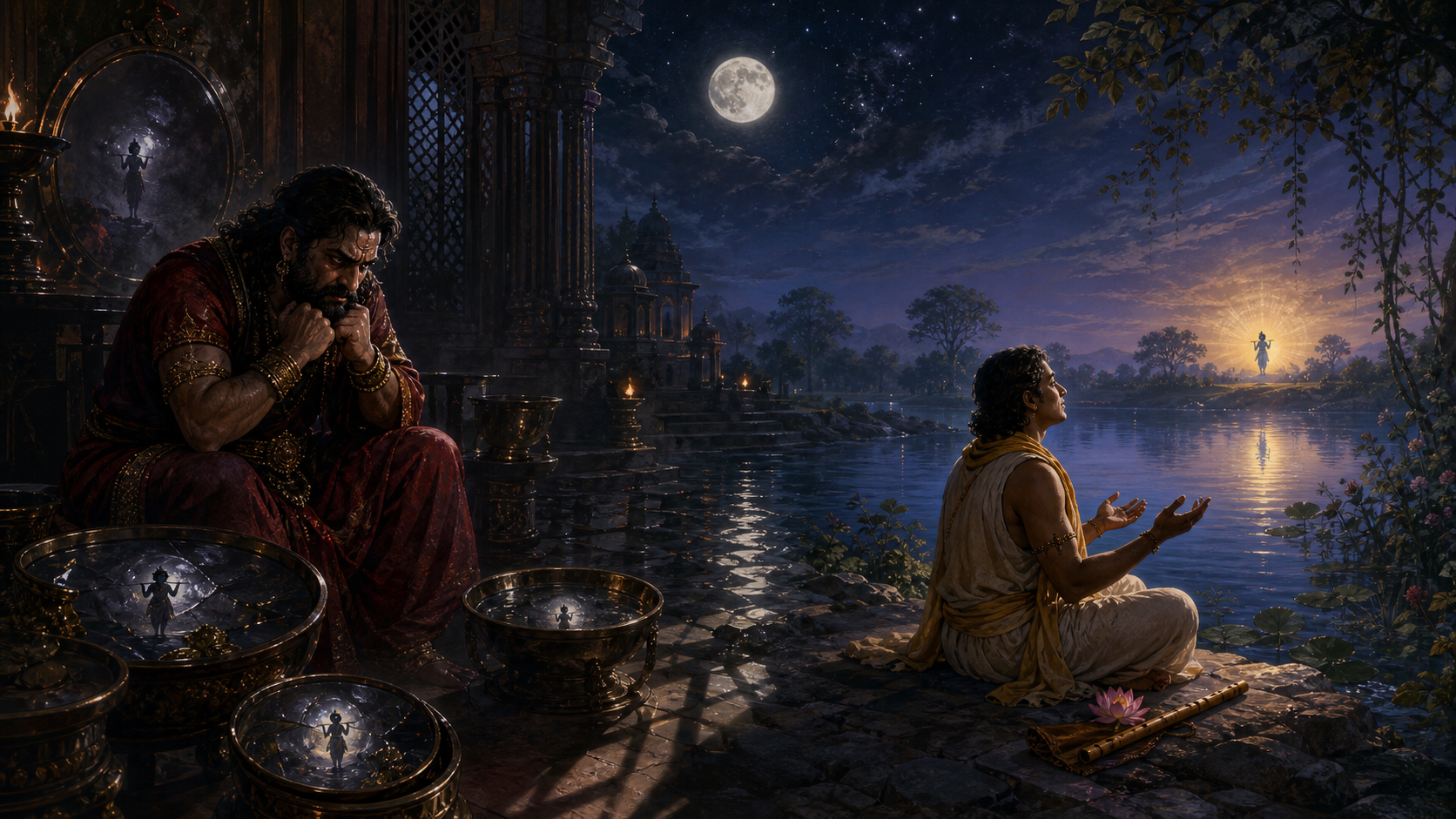 Kamsa broods over repeated reflections of Krishna in a confined chamber while a devotee sits peacefully beside the Yamuna facing a blue-gold light.