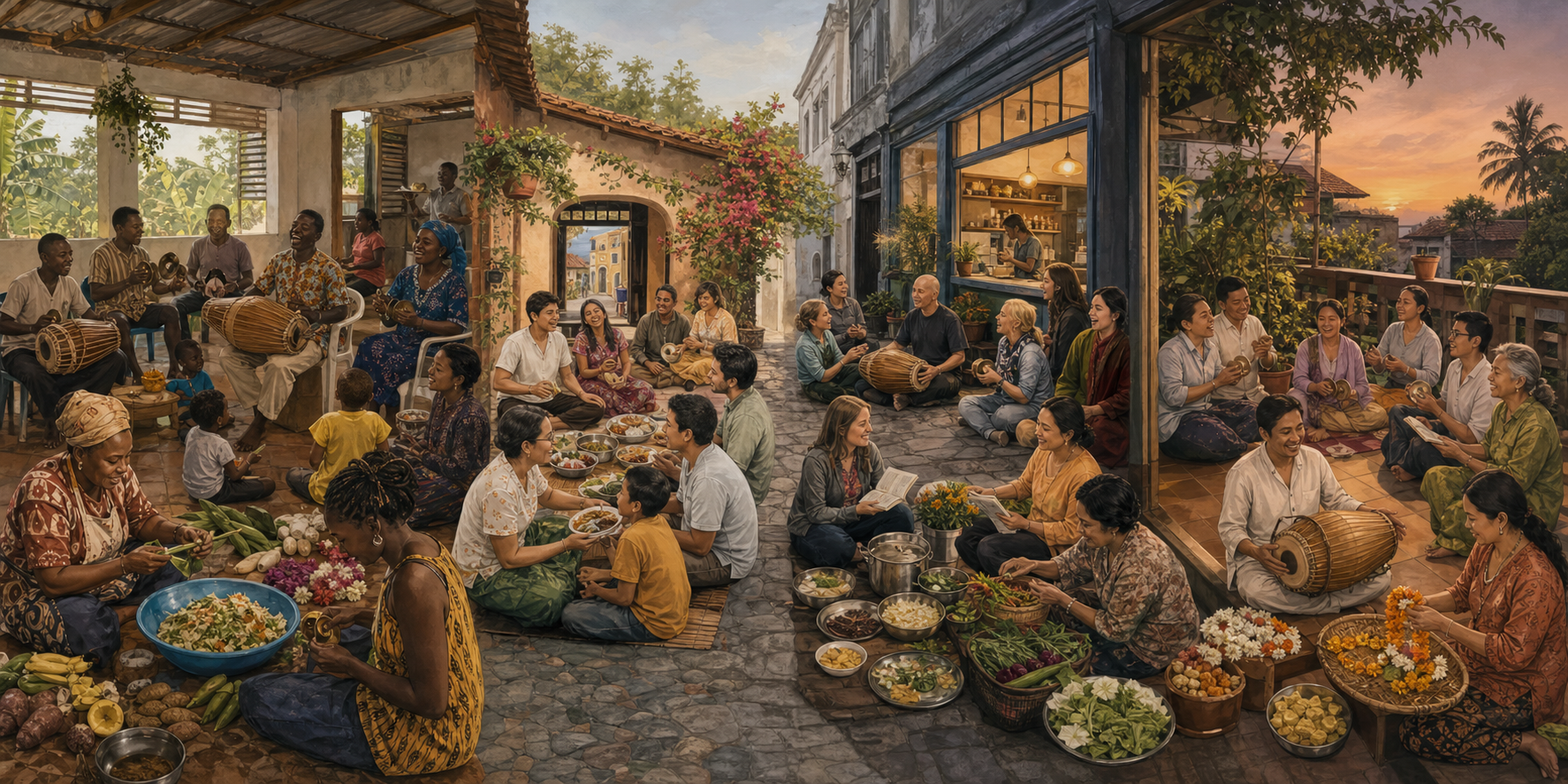 Devotional communities in four different regional settings sing, study, prepare food, and share vegetarian meals in locally distinctive spaces.