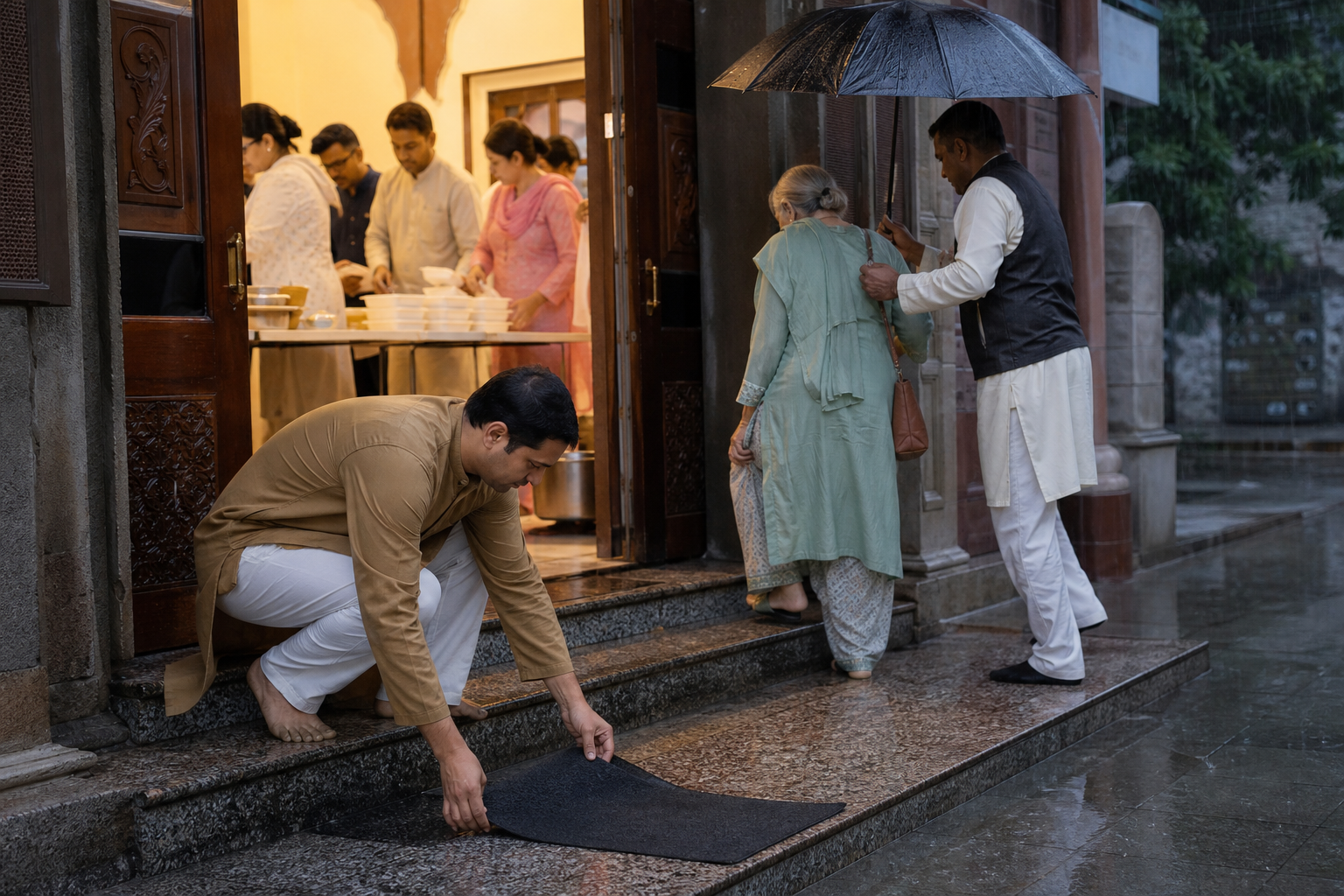 Temple volunteers secure a rain-wet entrance, assist an elderly visitor, and prepare food containers inside.