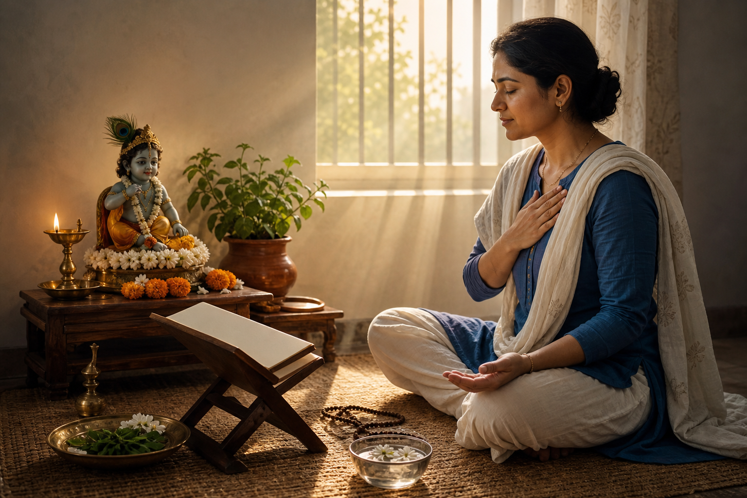 A person reflects beside a home altar with a child Krishna murti, oil lamp, flowers, prayer beads, and an open scripture at dawn.