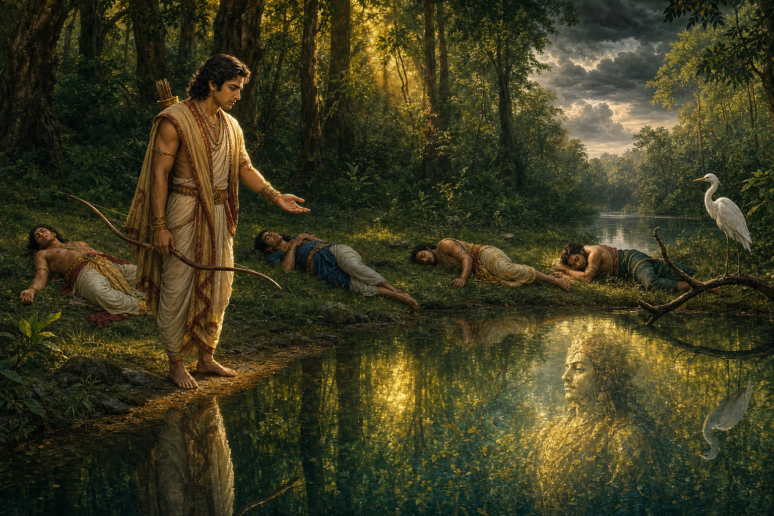 Yudhishthira pauses beside a forest lake near his motionless brothers as a white crane watches and a yaksha-like presence appears in the water's reflection.