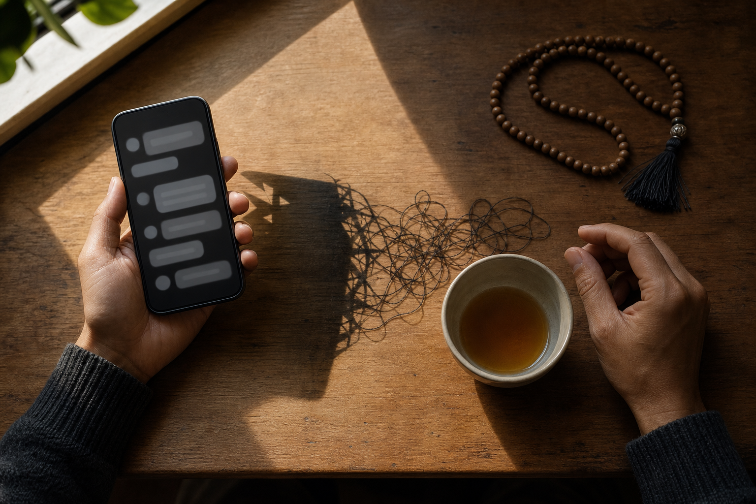 Hands pause over a phone and a cup of tea as an angular shadow becomes tangled thread across the table.