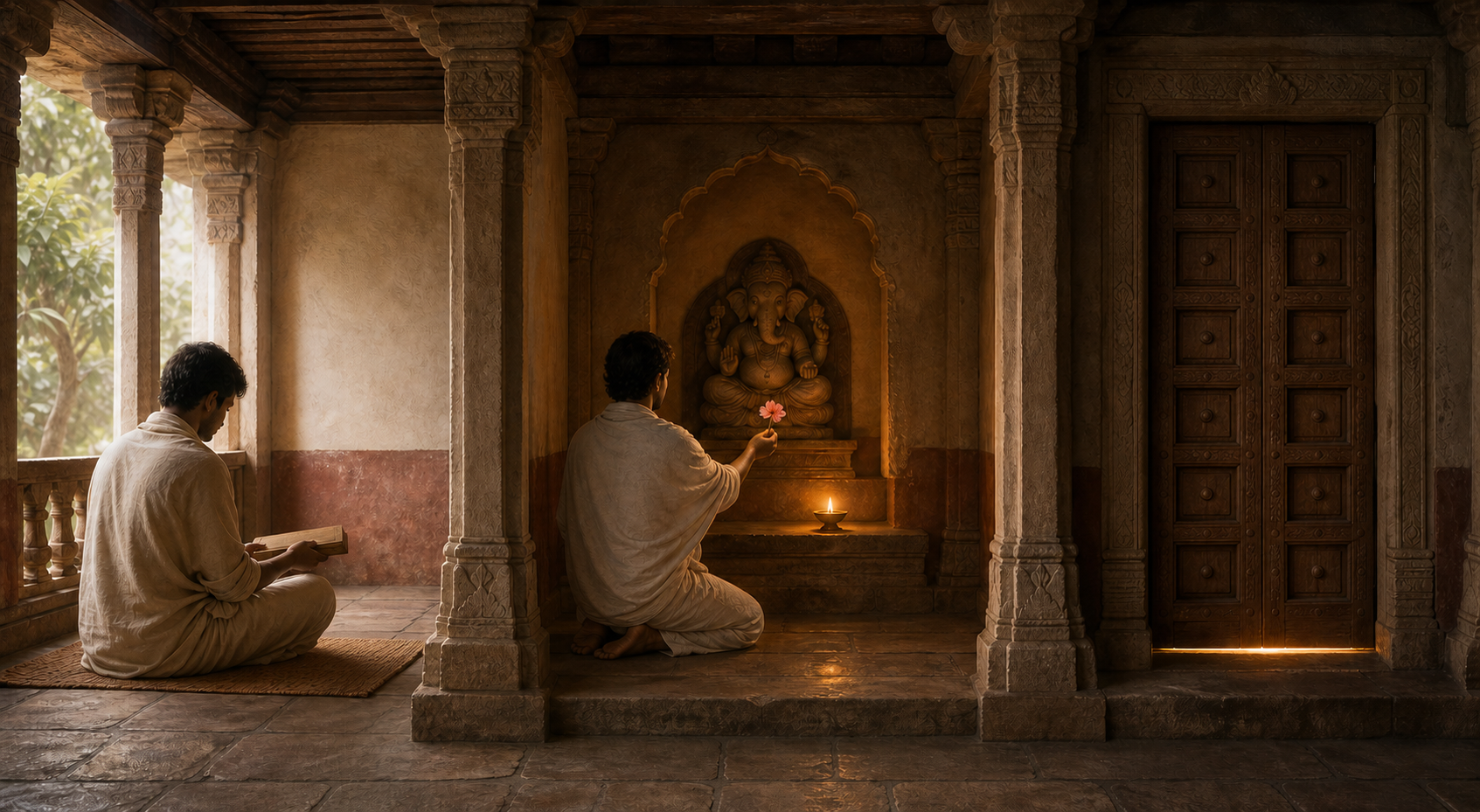 Three adjoining spaces show a reader with a manuscript, a devotee offering a flower to Gananayaka, and a closed illuminated door.