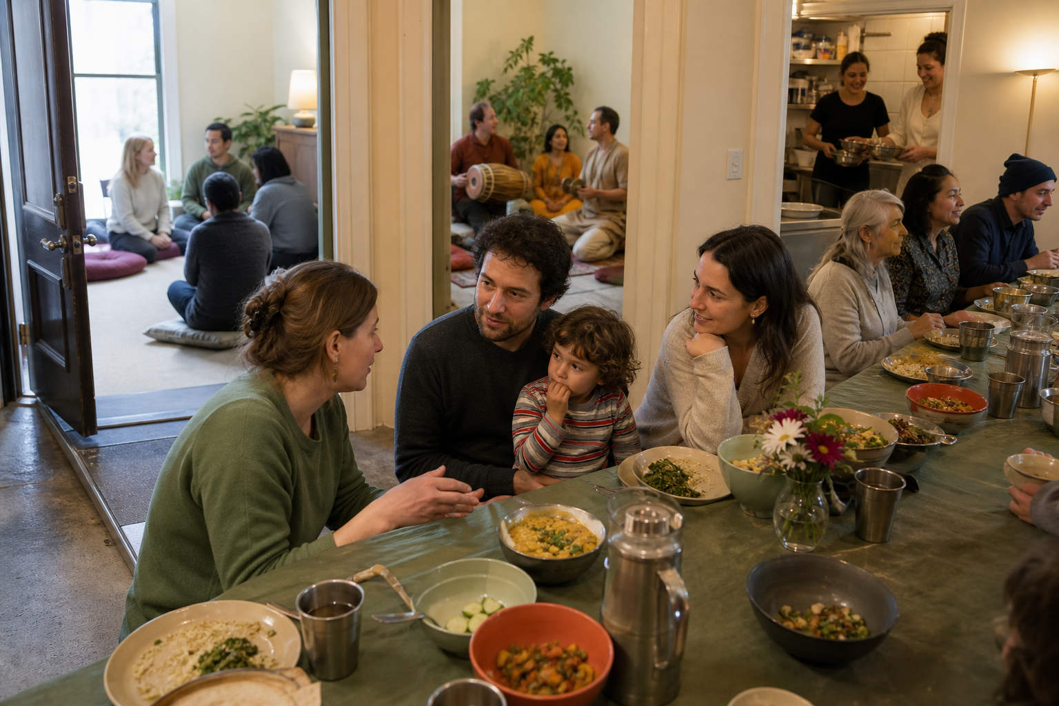 A host welcomes a newcomer and child at a vegetarian community meal, with a discussion circle, kirtan, and kitchen service visible nearby.