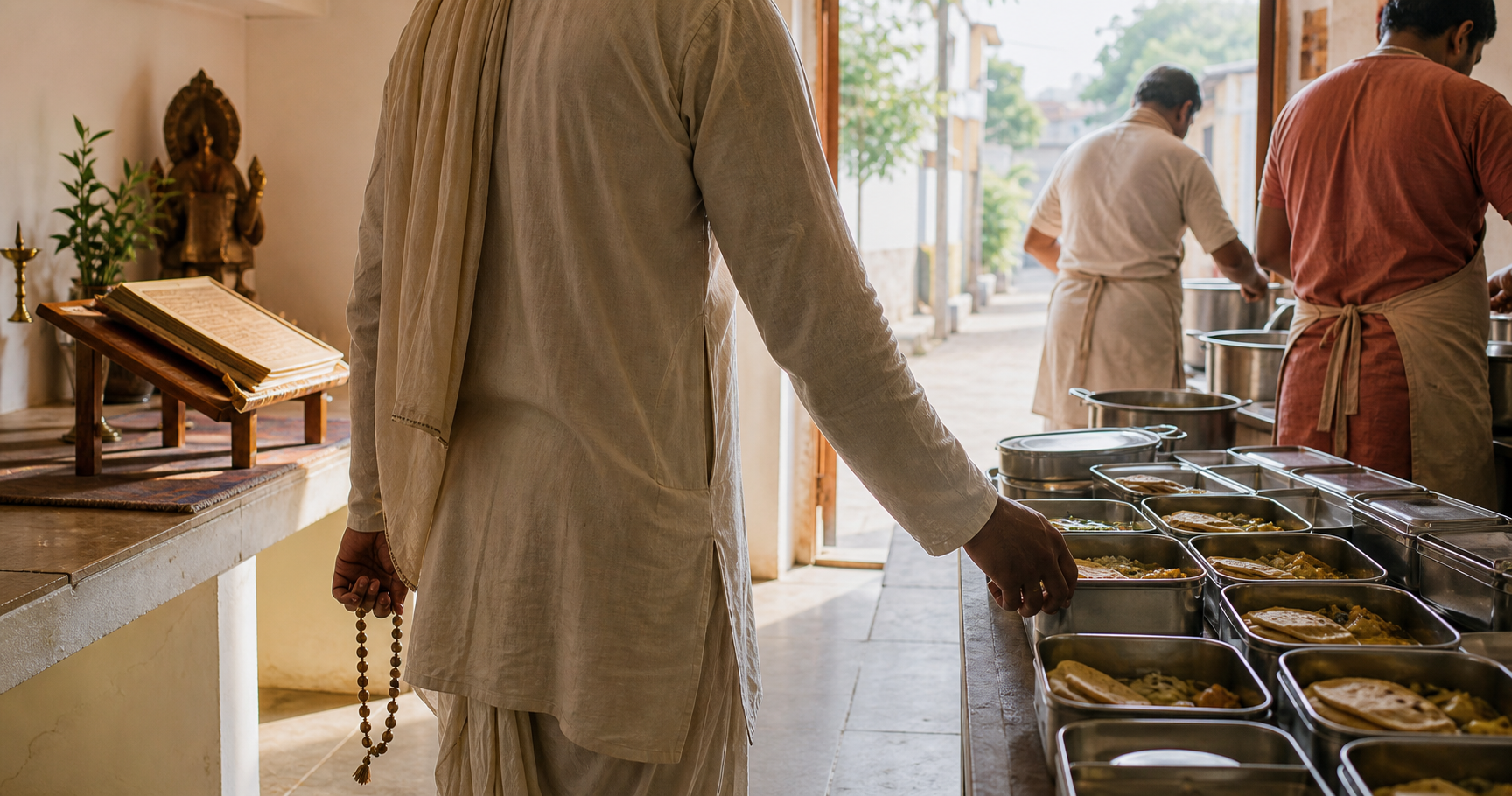 A devotee moves from prayer in a small alcove to preparing meal containers with volunteers in a community kitchen.