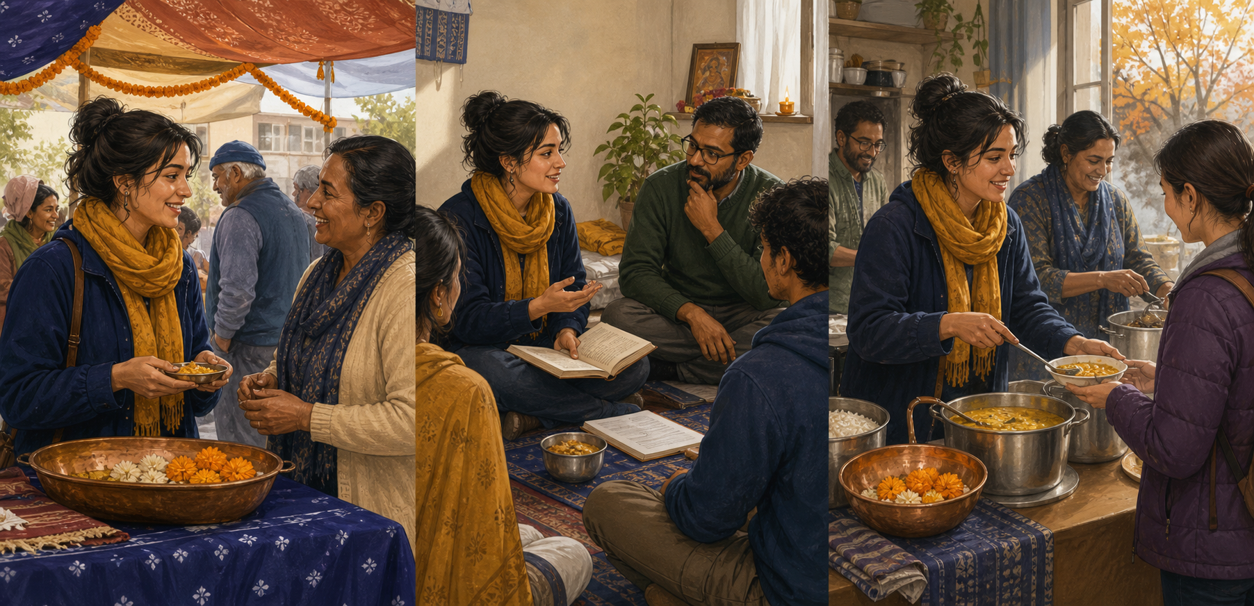 Three connected scenes show the same newcomer receiving food at a festival, joining a study circle, and later serving in a community kitchen with friends.