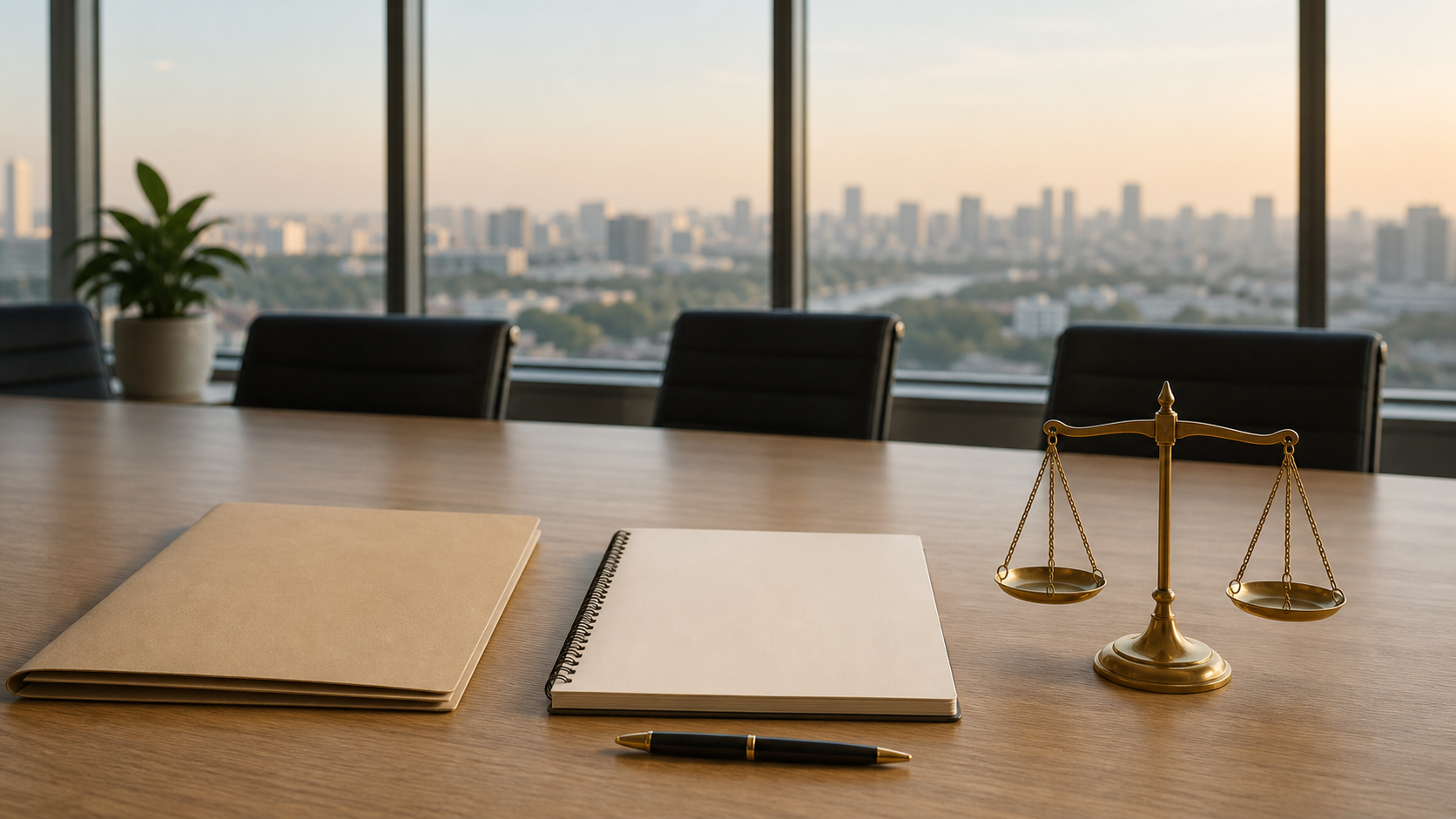An unlabeled file, blank notebook, pen, and balanced brass scale sit on a conference table overlooking a generalized Hyderabad skyline.