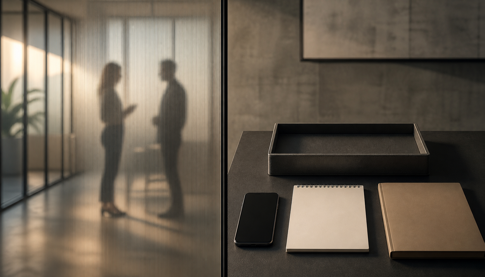 Blurred silhouettes of two coworkers are separated by glass from a table holding a blank calendar, a dark-screen phone, and an unlabeled folder.