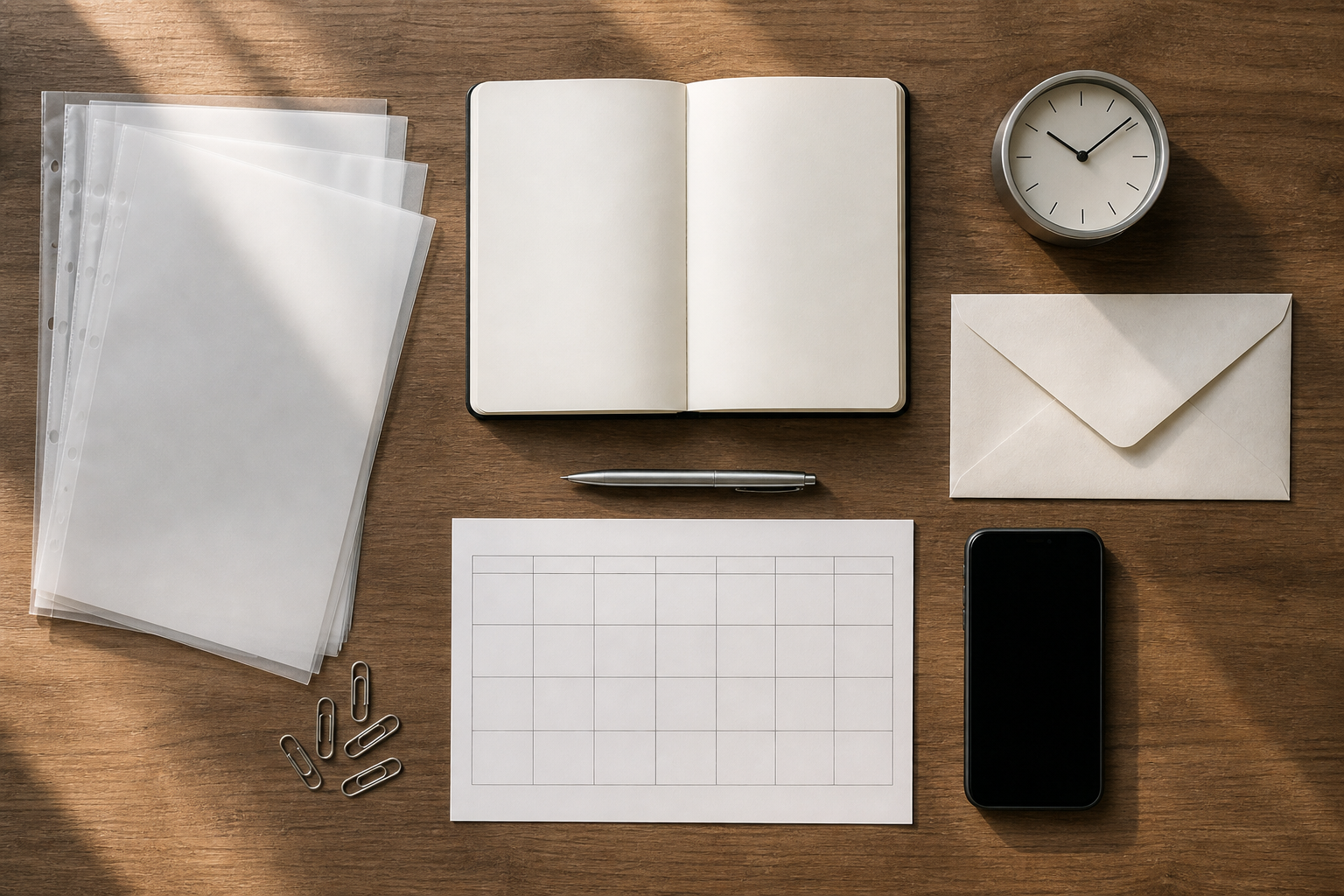 A blank notebook, unmarked calendar, dark-screen phone, envelope, clock, and document sleeves are arranged in chronological order on a desk.