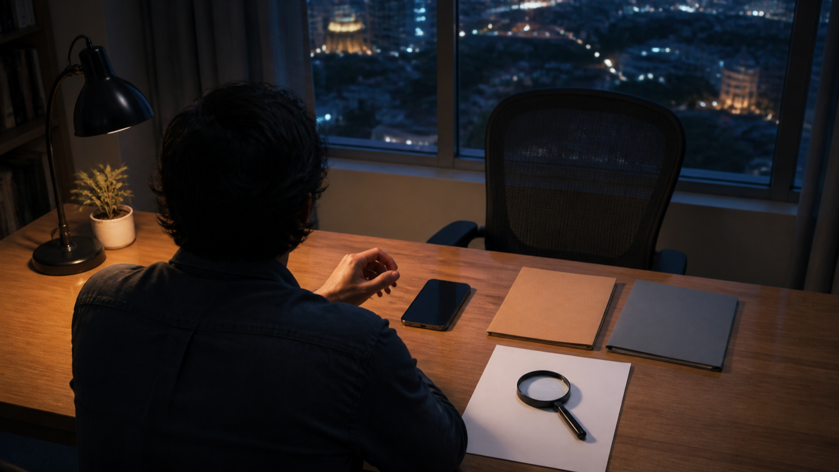 A person pauses beside a blank-screen phone, unlabeled folders, a magnifying glass, and an empty chair at a home-office desk.