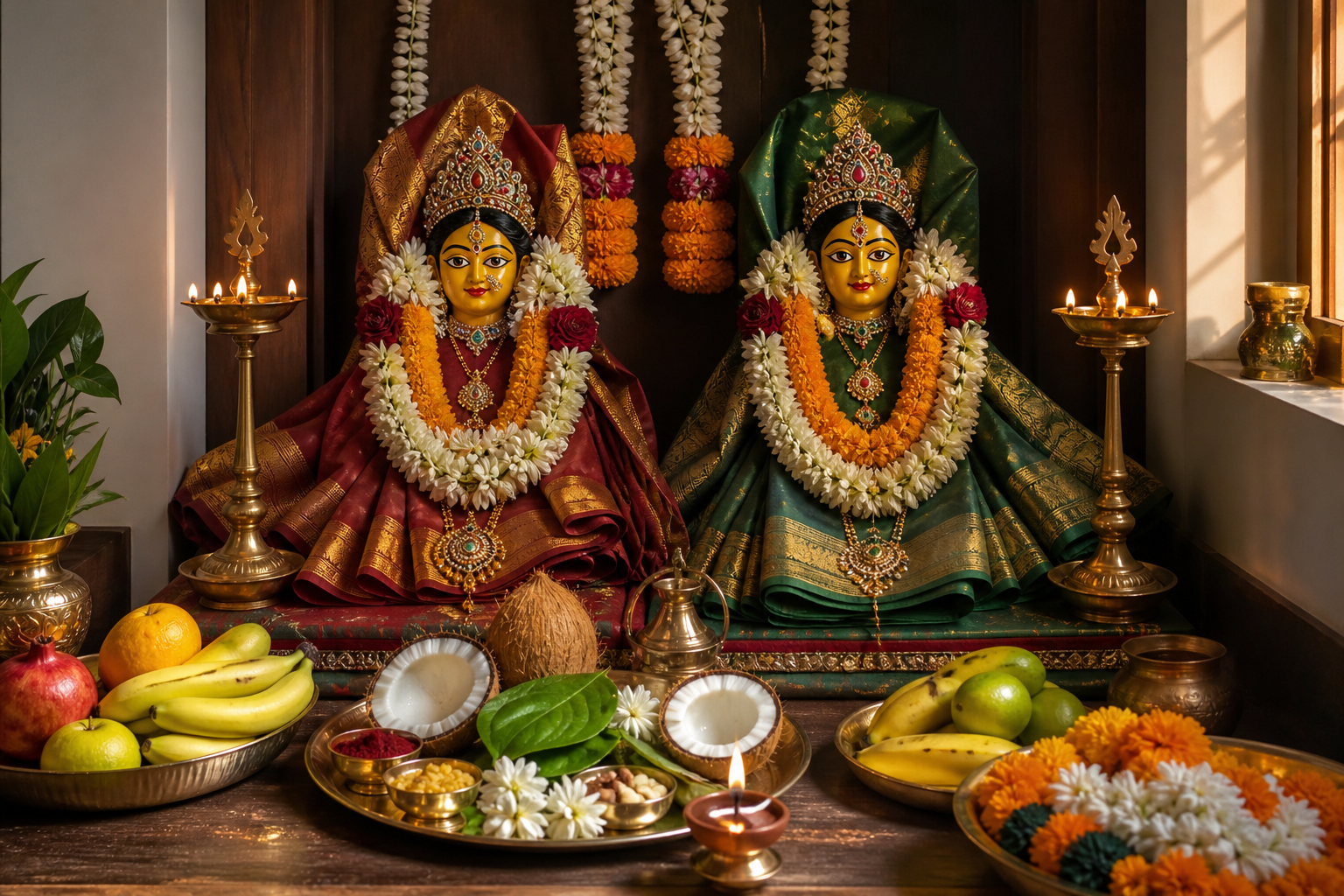 A household vrata altar with two decorated goddess faces, flower garlands, brass lamps, coconuts, fruit and offering plates.