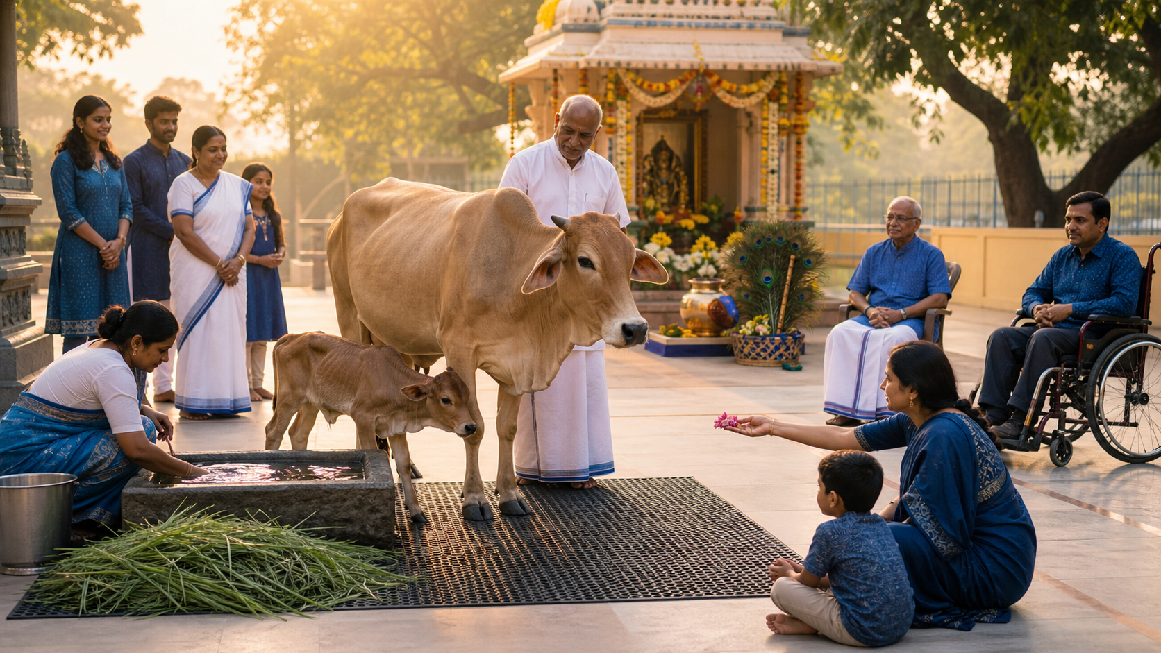 Devotees of different ages and abilities gather around a calm cow and calf during a welfare-centred gopuja in an accessible temple courtyard.