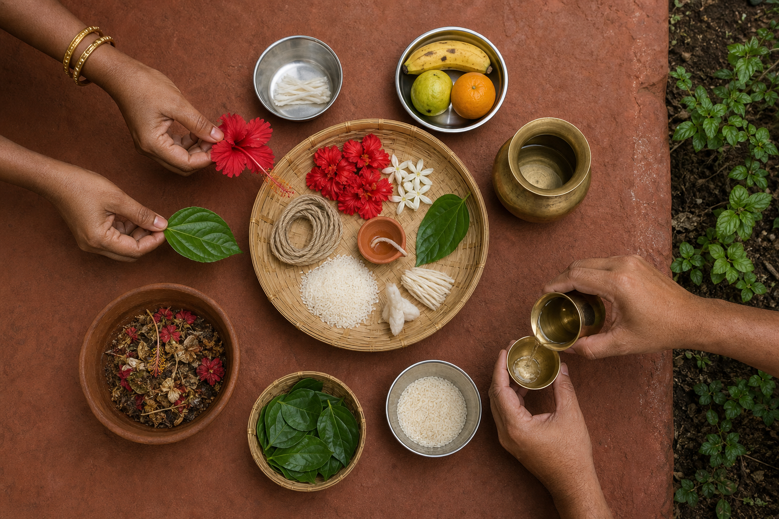 Hands organize flowers, fruit, rice, reusable vessels, natural cord, and a clay lamp while separating wilted flowers for composting.